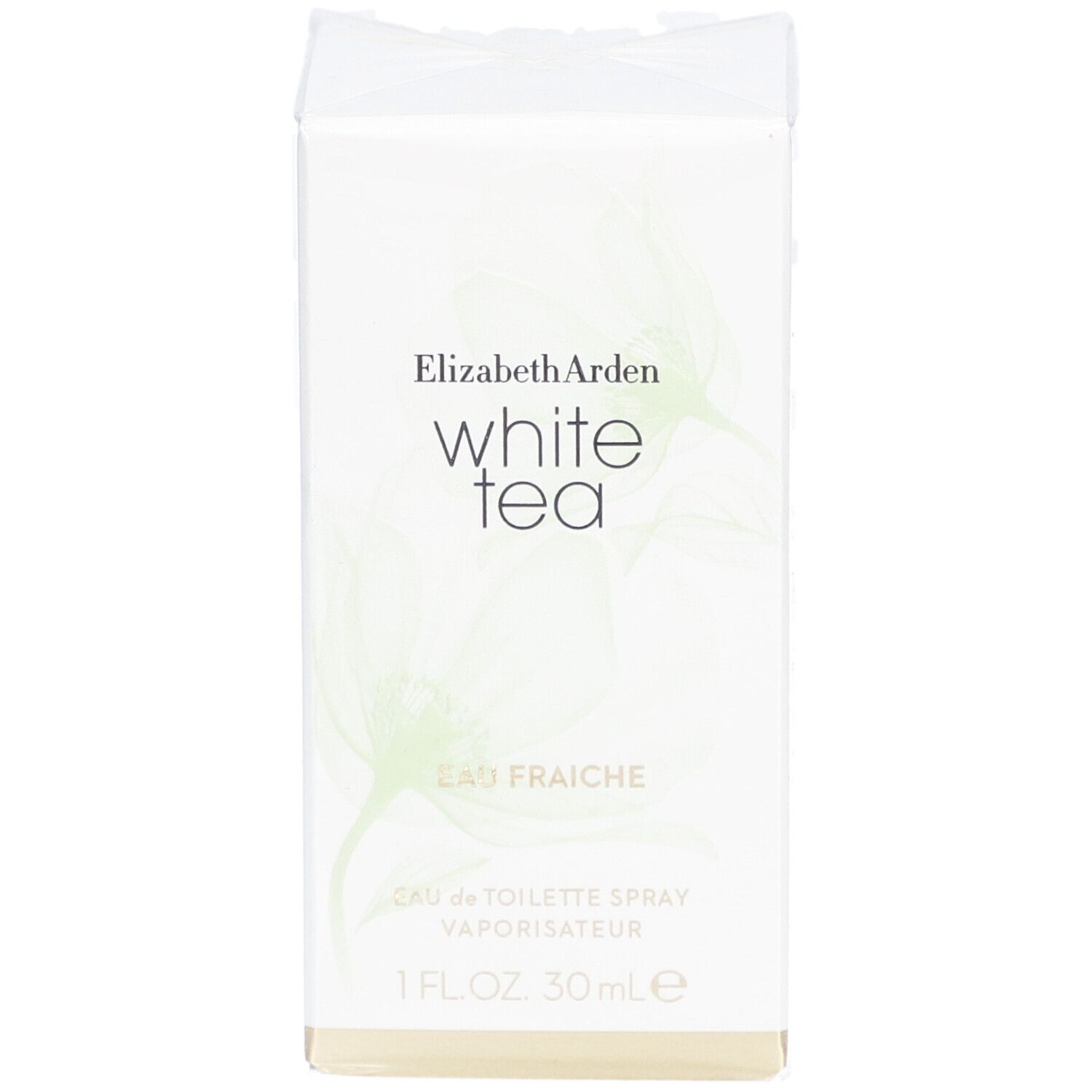 Boîte blanche rectangulaire avec nom et logo du produit. Inscription : White Tea Eau Fraîche. 1 FL.OZ. 30 ml.