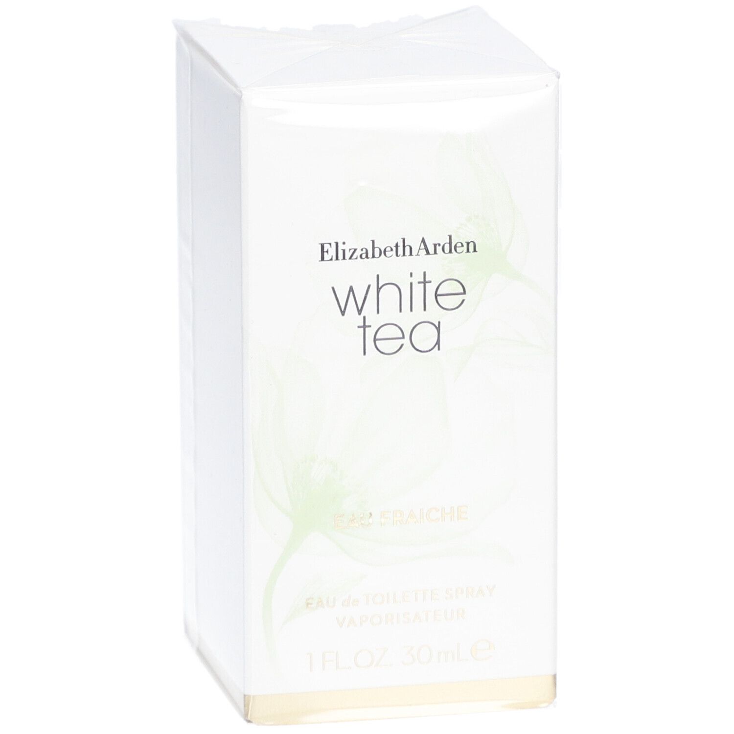Boîte blanche rectangulaire avec nom et logo du produit. Inscription : White Tea Eau Fraîche. 1 FL.OZ. 30 ml.