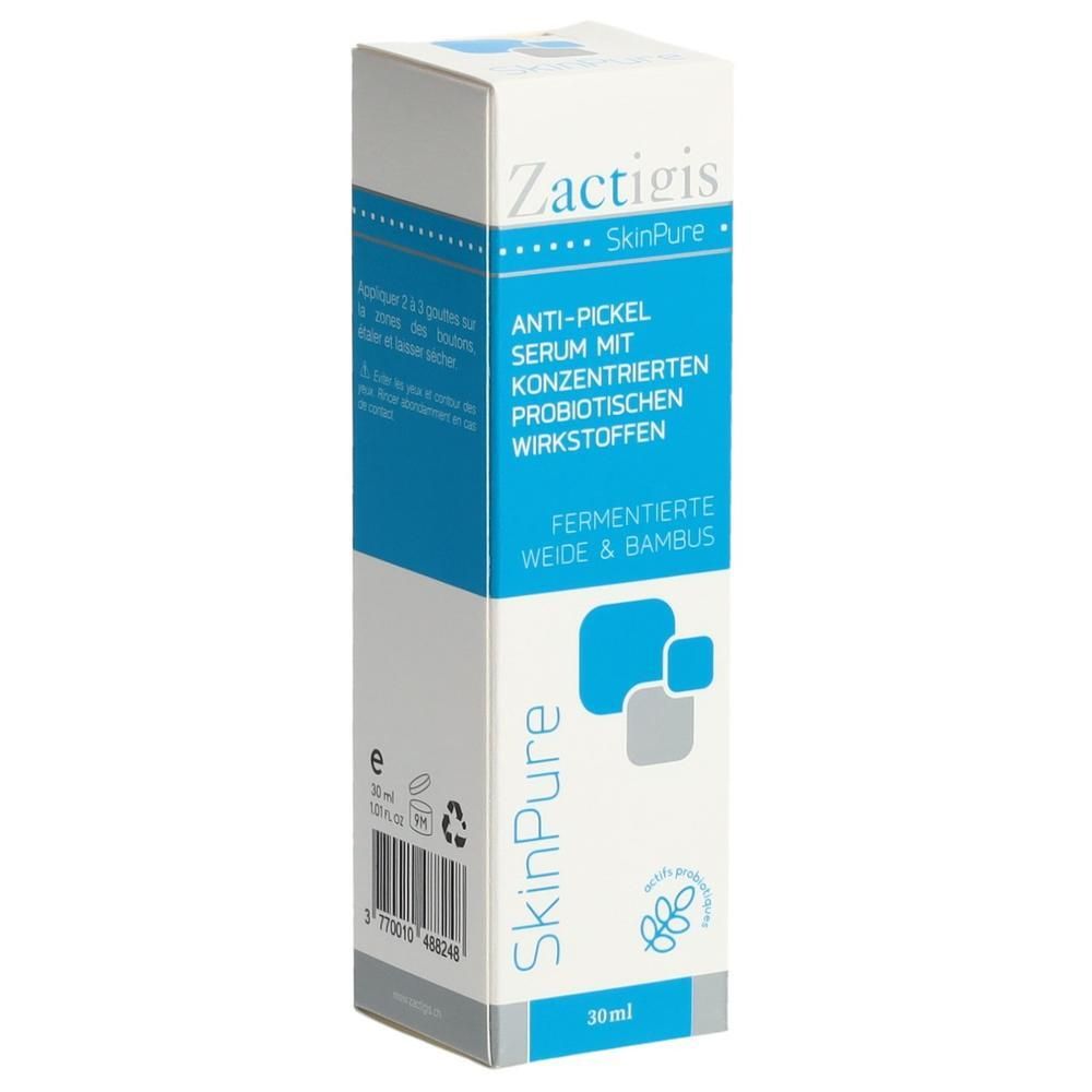 Emballage en carton avec informations produit. Texte: Zactigis SkinPure, sérum anti-boutons, saule fermenté & bambou.