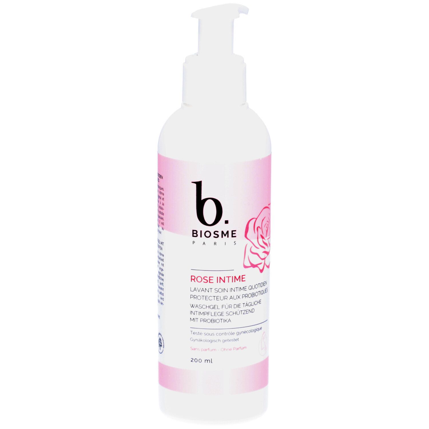 Flacon blanc avec détails roses. Inscription: b. BIOSME PARIS, Rose Intime, gel lavant. Avec pompe doseuse.