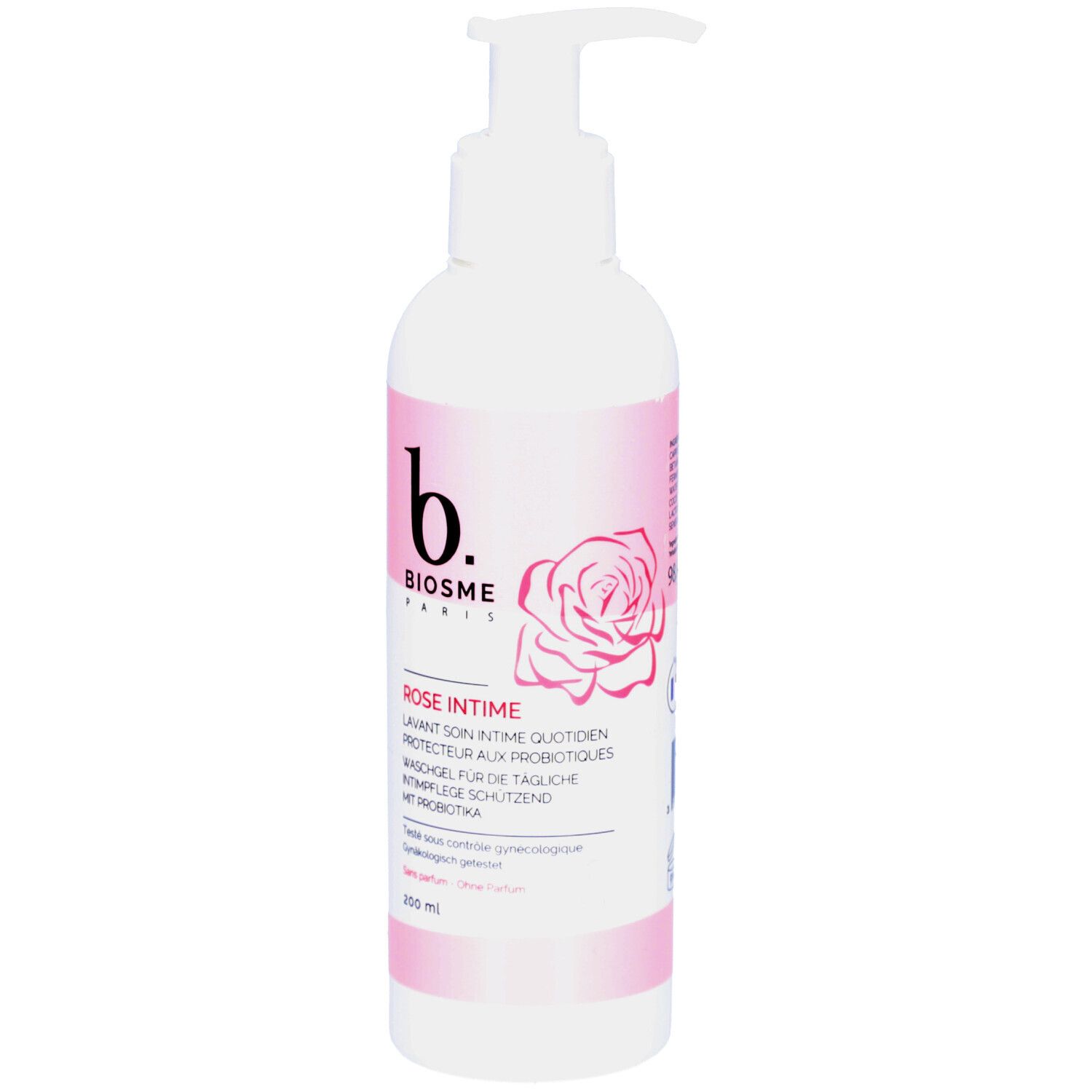 Flacon blanc avec détails roses. Inscription: b. BIOSME PARIS, Rose Intime, gel lavant. Avec pompe doseuse.