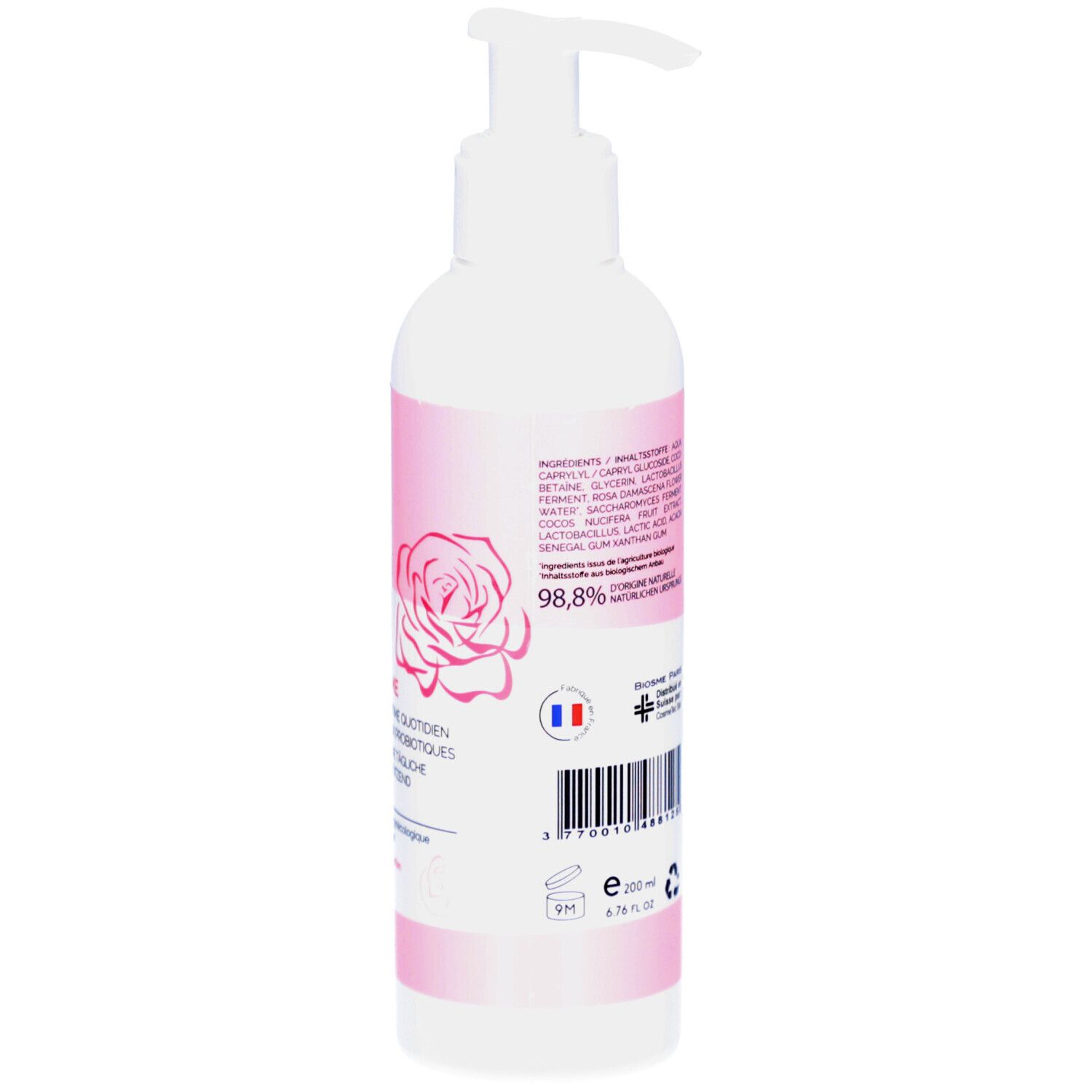 Dos du flacon blanc. Texte multilingue. Code-barres, ingrédients, certifications.