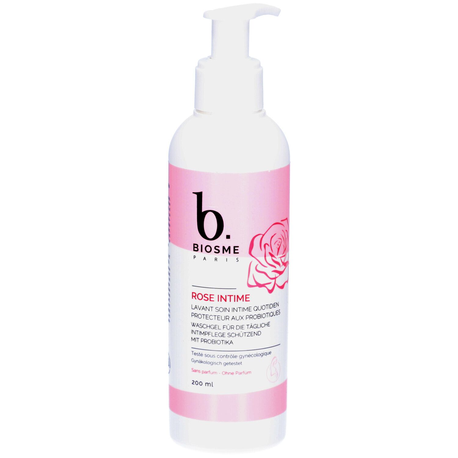 Flacon blanc avec détails roses. Inscription: b. BIOSME PARIS, Rose Intime, gel lavant. Avec pompe doseuse.