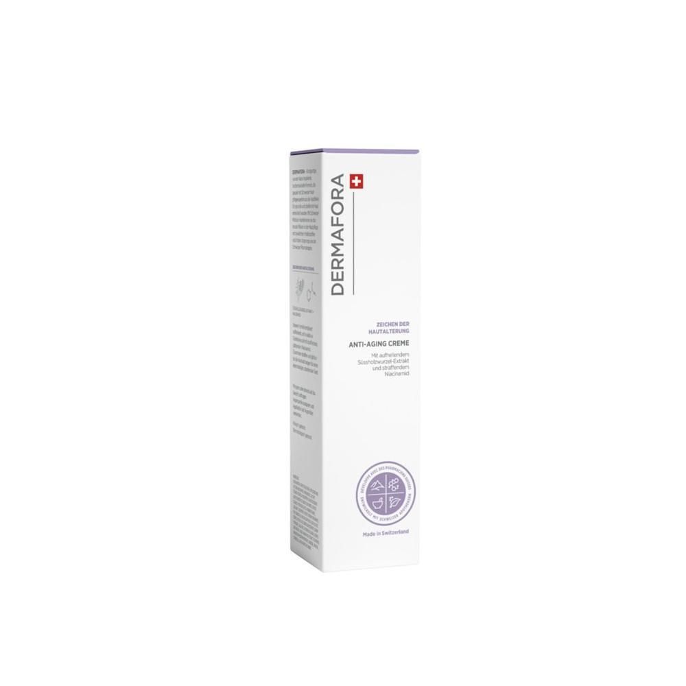 Emballage blanc DERMAFORA. Crème anti-âge. Logo et texte en allemand. Fabriqué en Suisse.