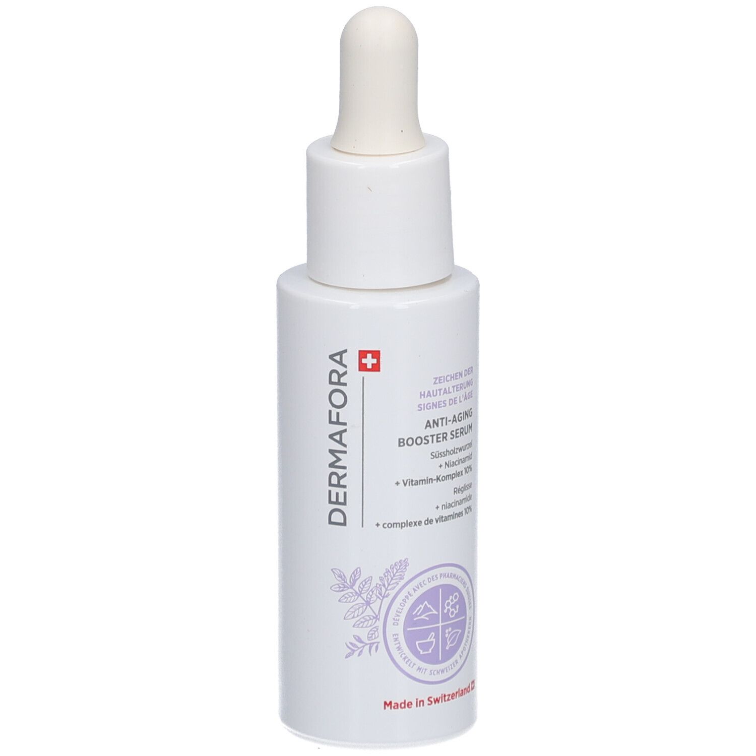 Flacon blanc avec pipette. Inscription: Dermafora, Anti-Aging Booster Serum. Croix suisse.