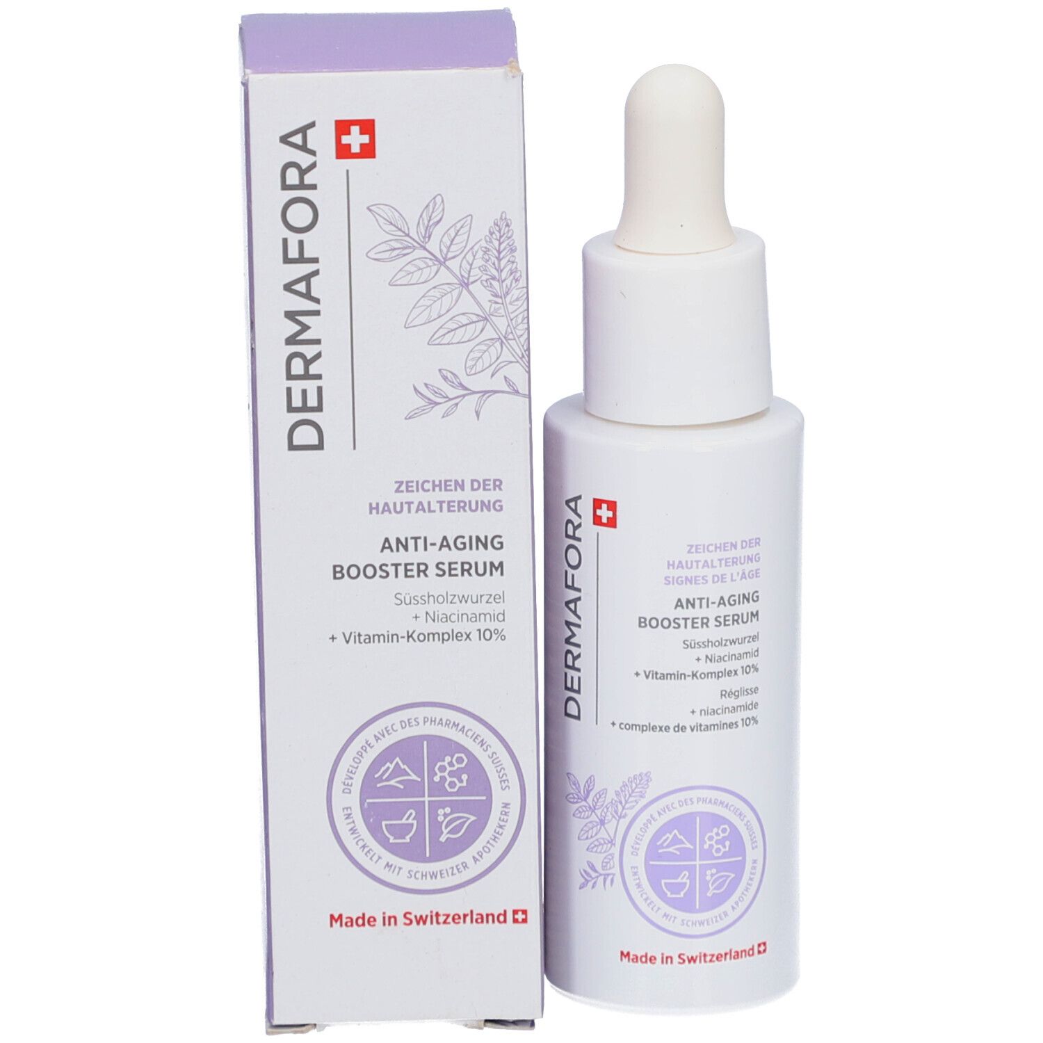 Emballage du produit avec flacon et pipette. Inscription: Dermafora, Anti-Aging Booster Serum. Croix suisse.
