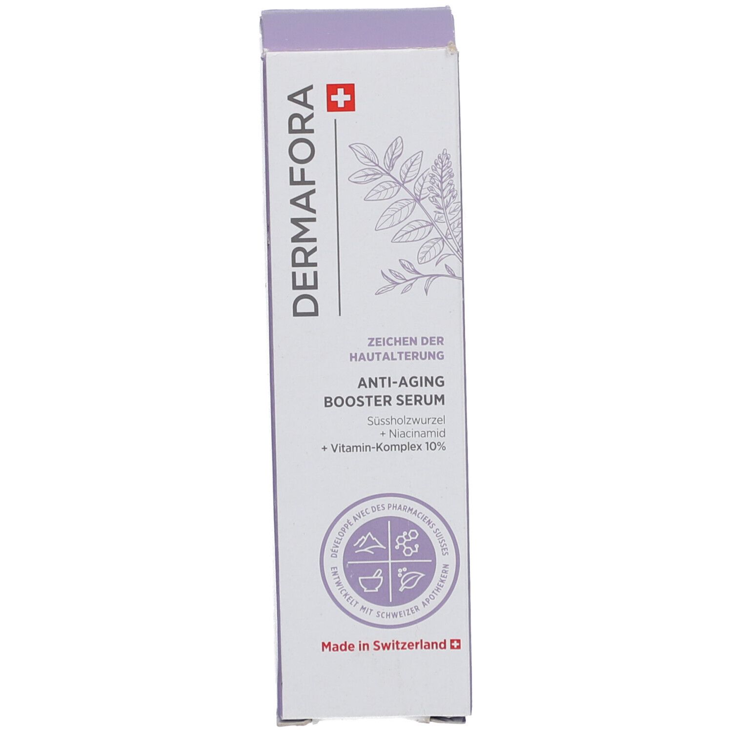 Emballage du produit. Inscription: Dermafora, Anti-Aging Booster Serum. Croix suisse.