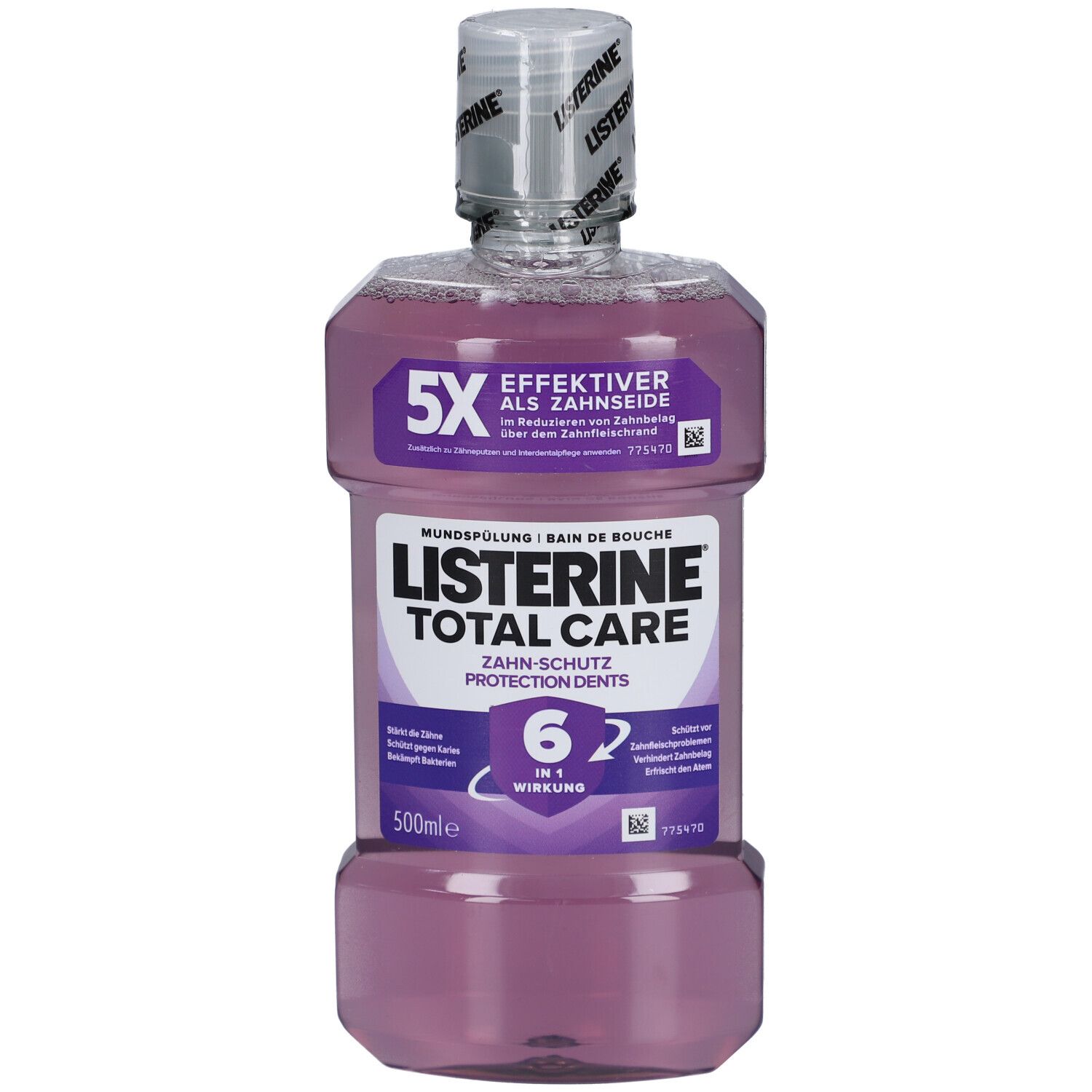 Bain de bouche LISTERINE Total Care Schutz Beulen. Bouteille avec liquide violet. Étiquette avec informations et logo.