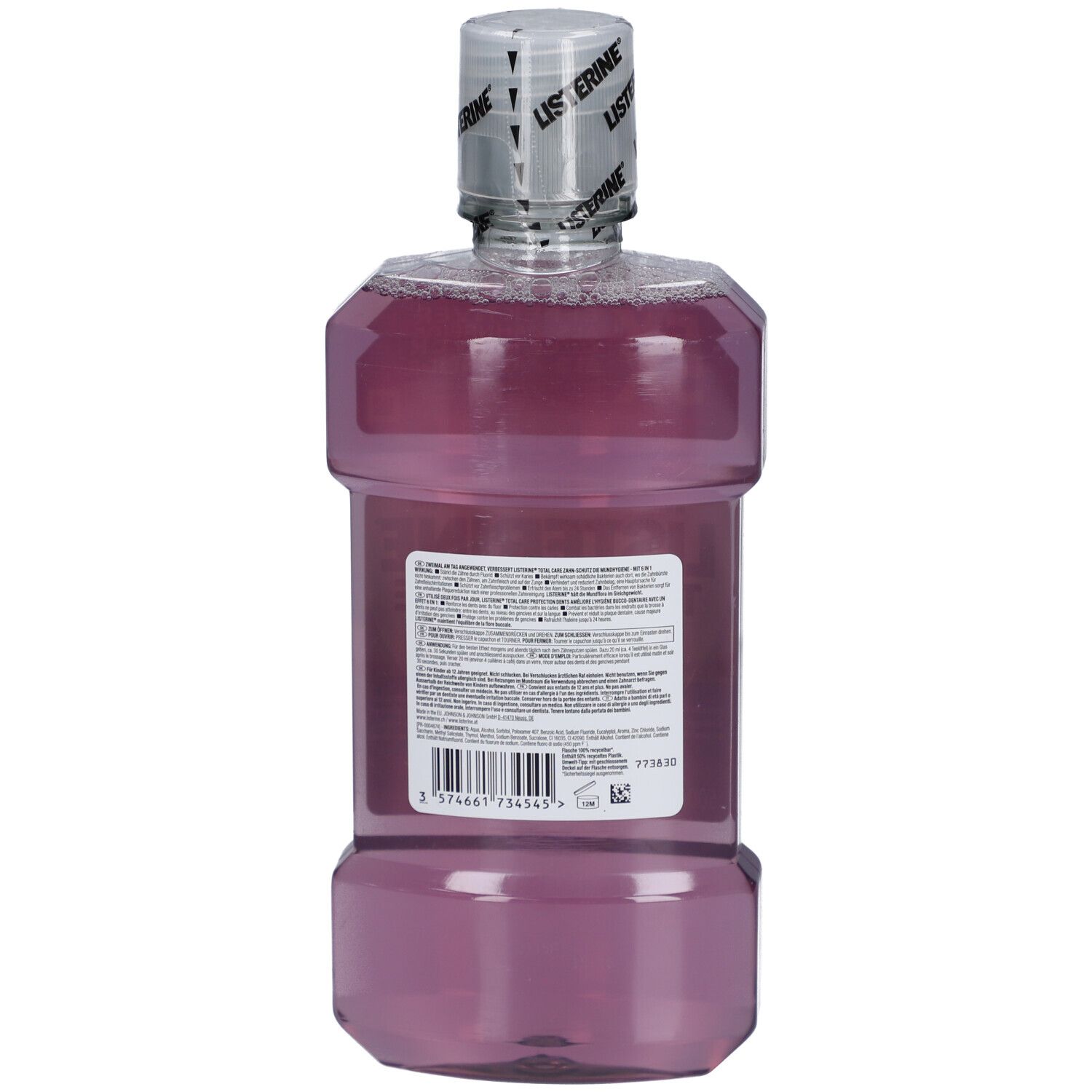 Dos de la bouteille de bain de bouche LISTERINE Total Care Schutz Beulen. Étiquette avec texte et code-barres.