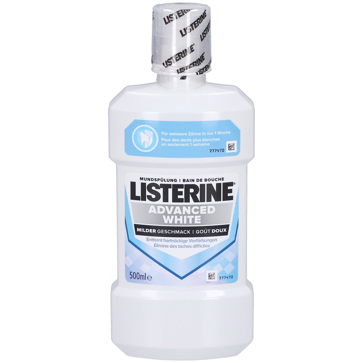 Flacon de bain de bouche. Plastique blanc, étiquette bleue avec texte 'Listerine Advanced White'.