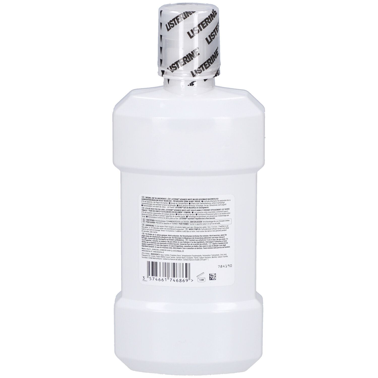 Dos du flacon de bain de bouche. Plastique blanc, texte et code-barres.