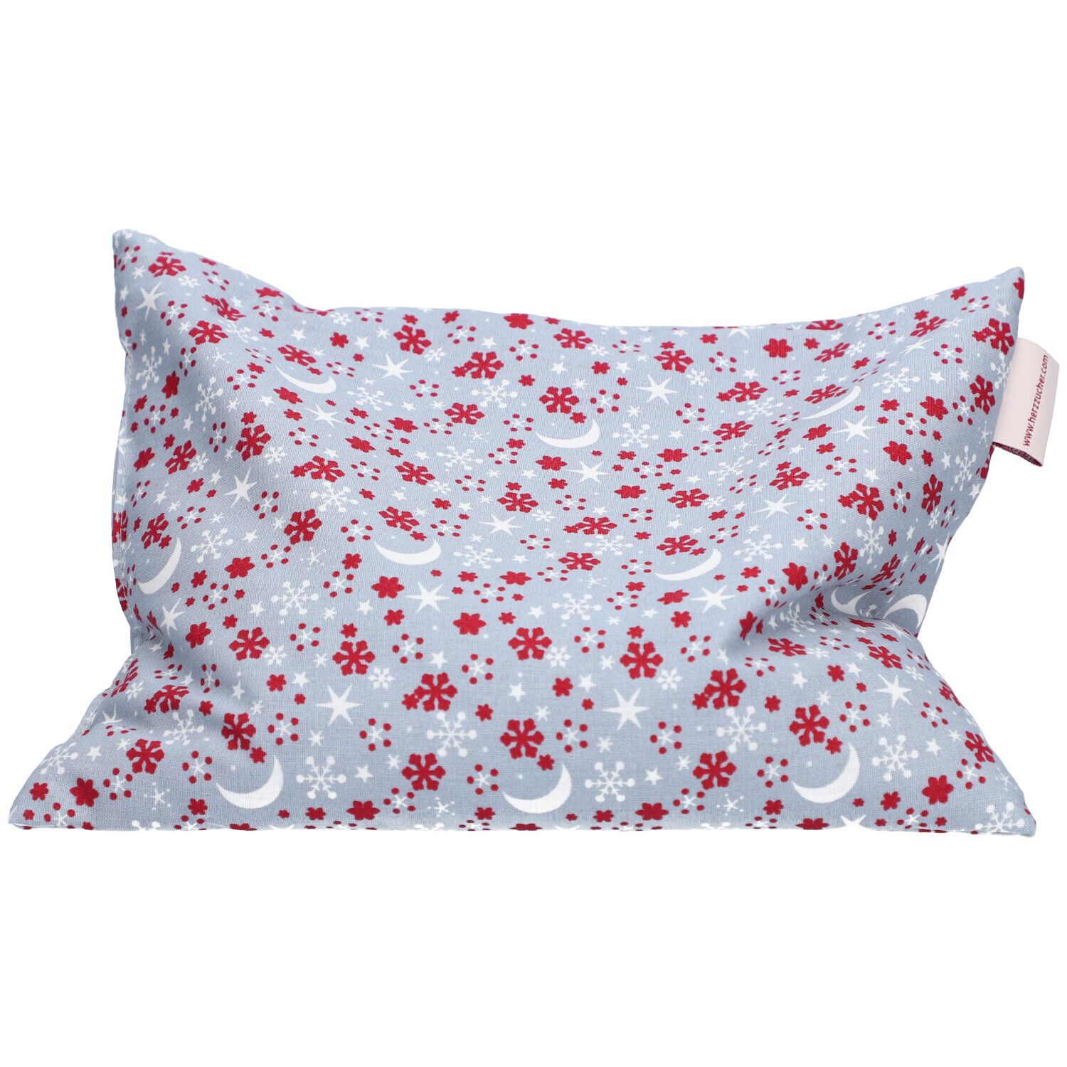 Coussin rectangulaire gris clair avec motifs lune, étoiles et flocons rouges et blancs.