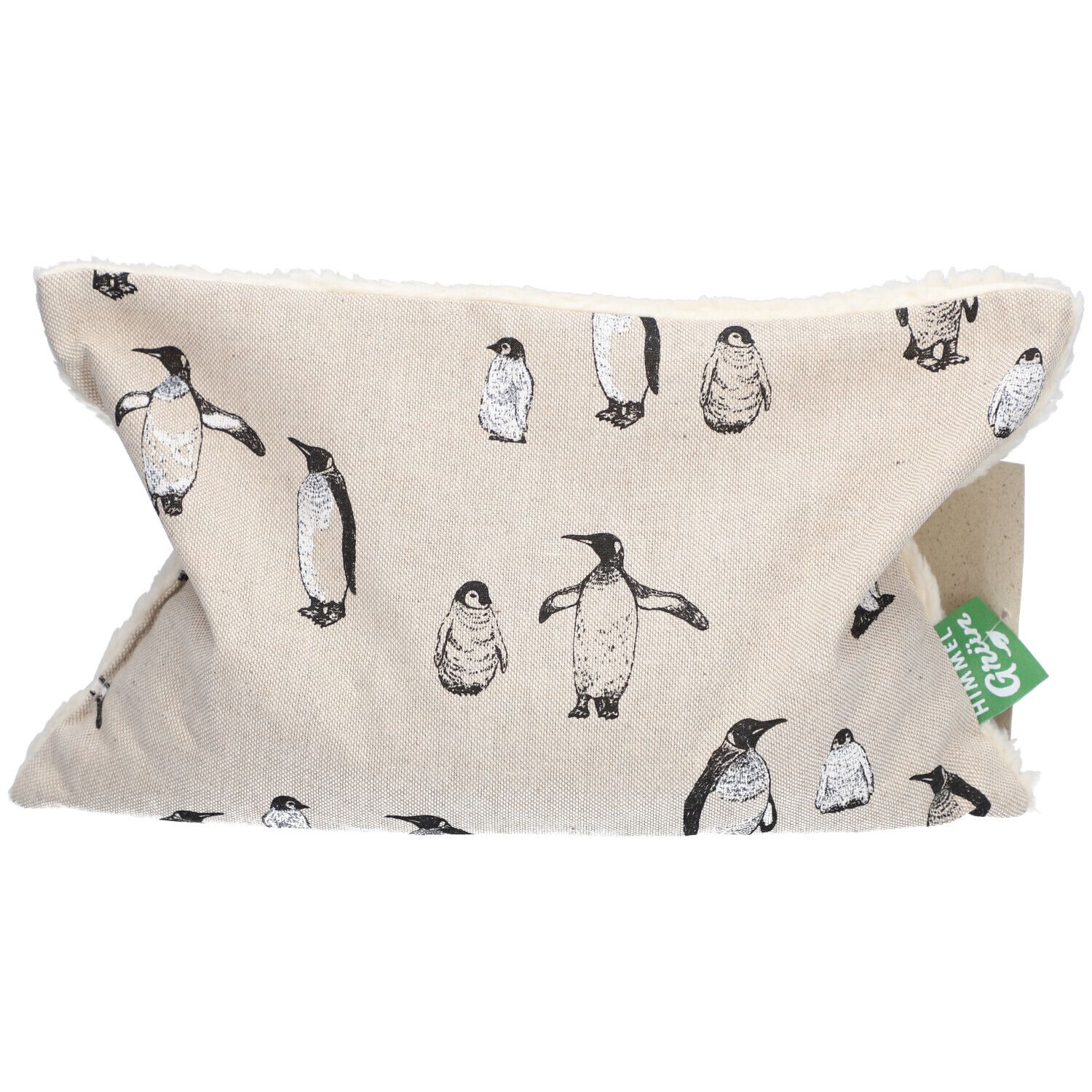Coussin aux noyaux de cerises beige avec motif pingouin. Rectangulaire, étiquette verte. Marque HIMMELGRÜN® visible.