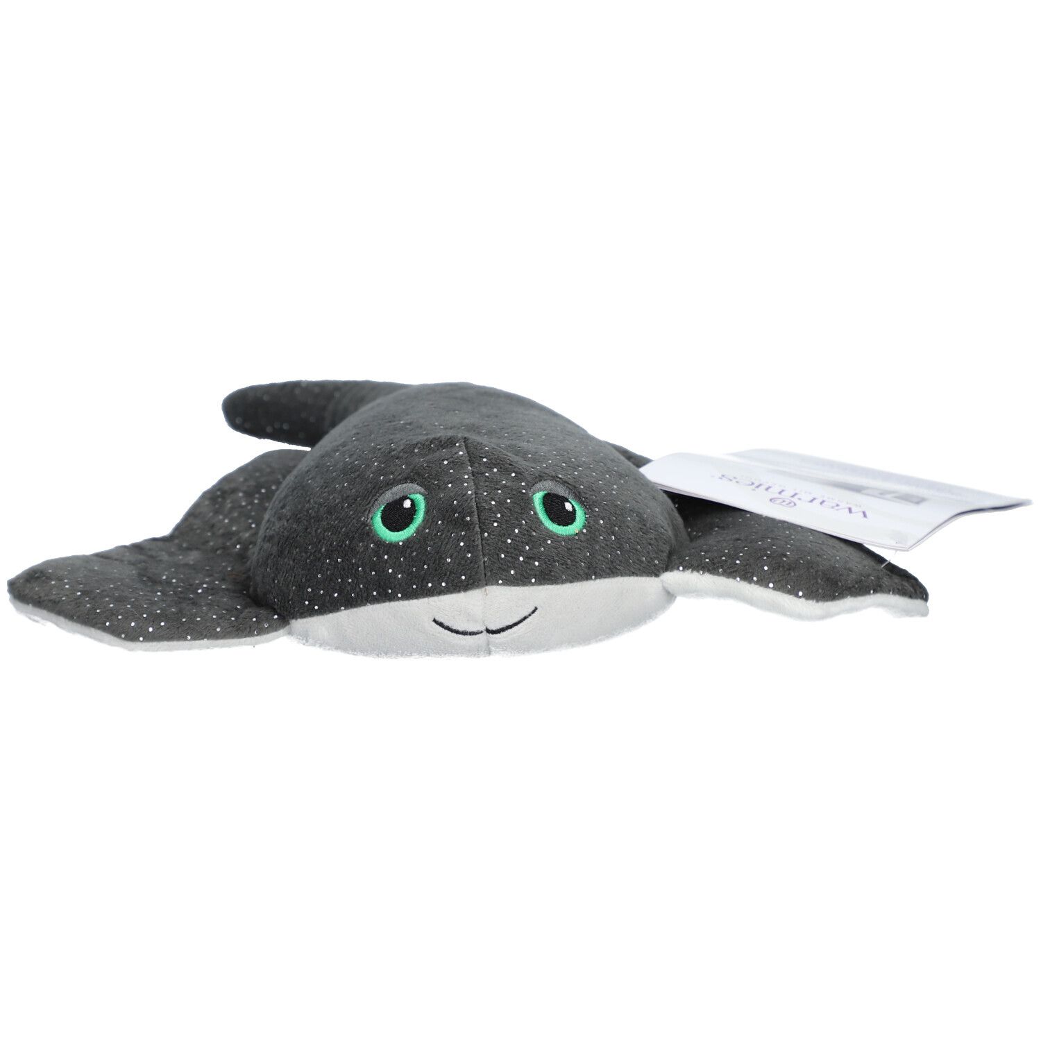 Raie manta en peluche grise à pois blancs et paillettes. Yeux verts. Étiquette avec logo.