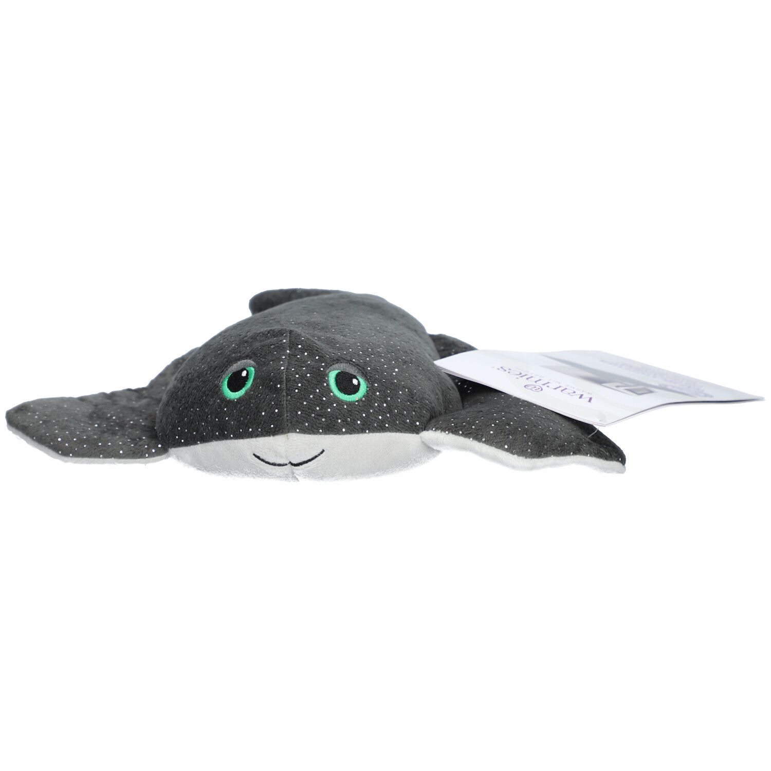 Raie manta en peluche grise à pois blancs et paillettes. Yeux verts. Étiquette avec logo.
