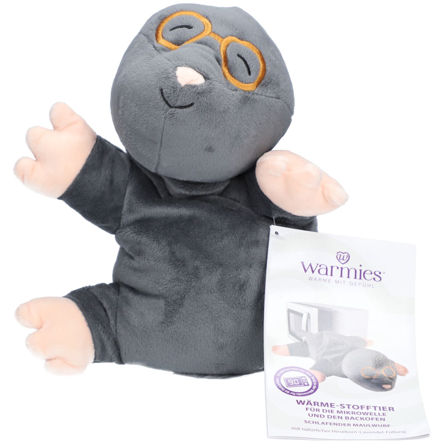 Peluche taupe grise avec lunettes et étiquette. Étiquette avec logo et texte: WARMIES, peluche chauffante pour micro-ondes.