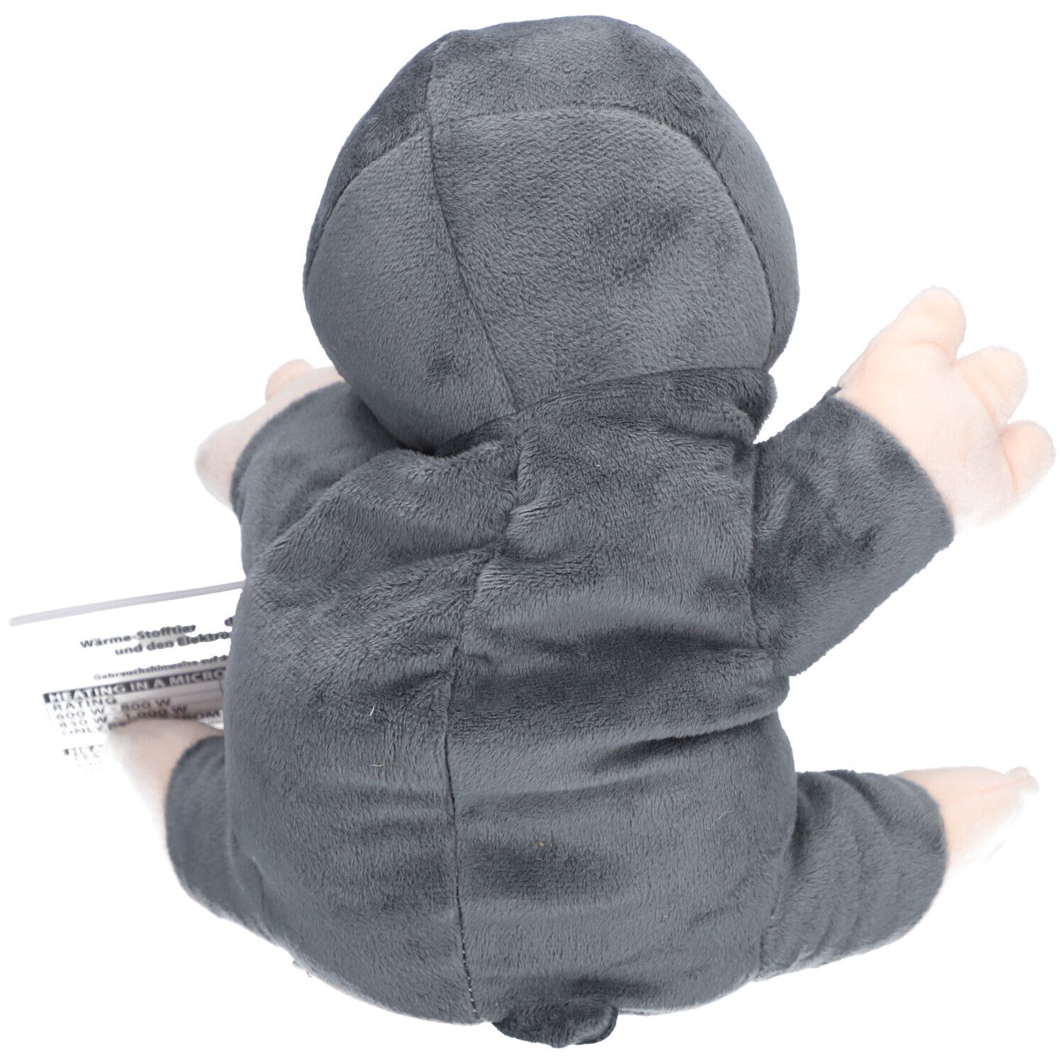 Vue arrière de la peluche taupe grise. Étiquette avec texte: peluche chauffante et logo.