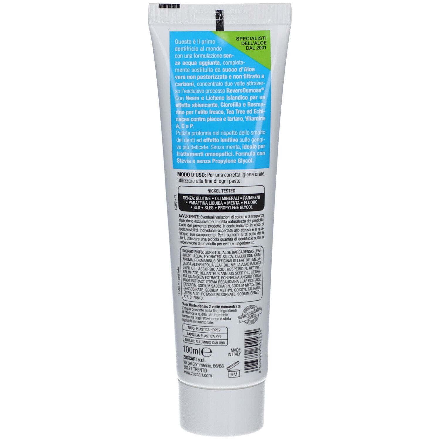 Tube blanc avec inscriptions bleues et vertes, 100ml.