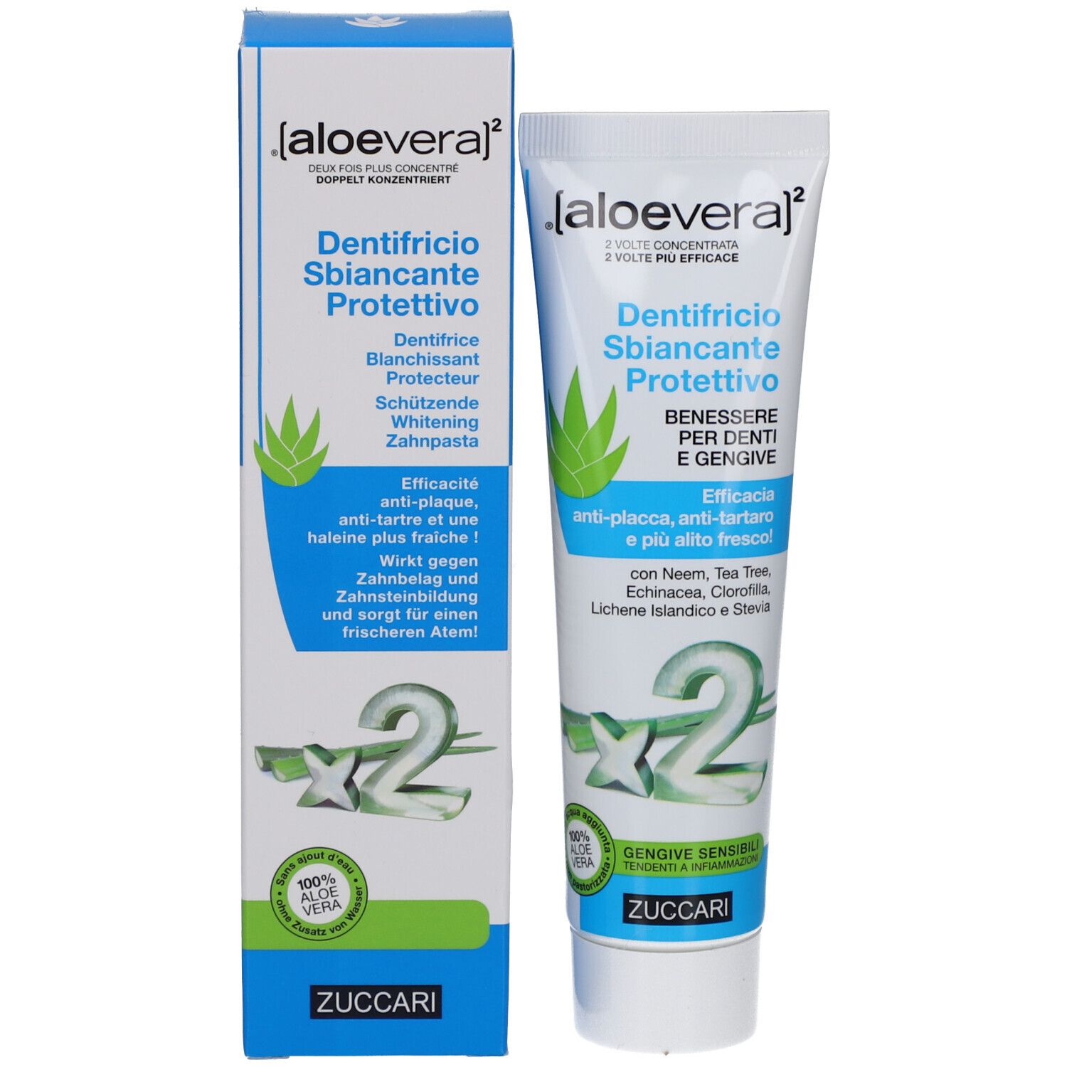 Boîte de dentifrice Zuccari à l'aloe vera, protecteur et blanchissant.