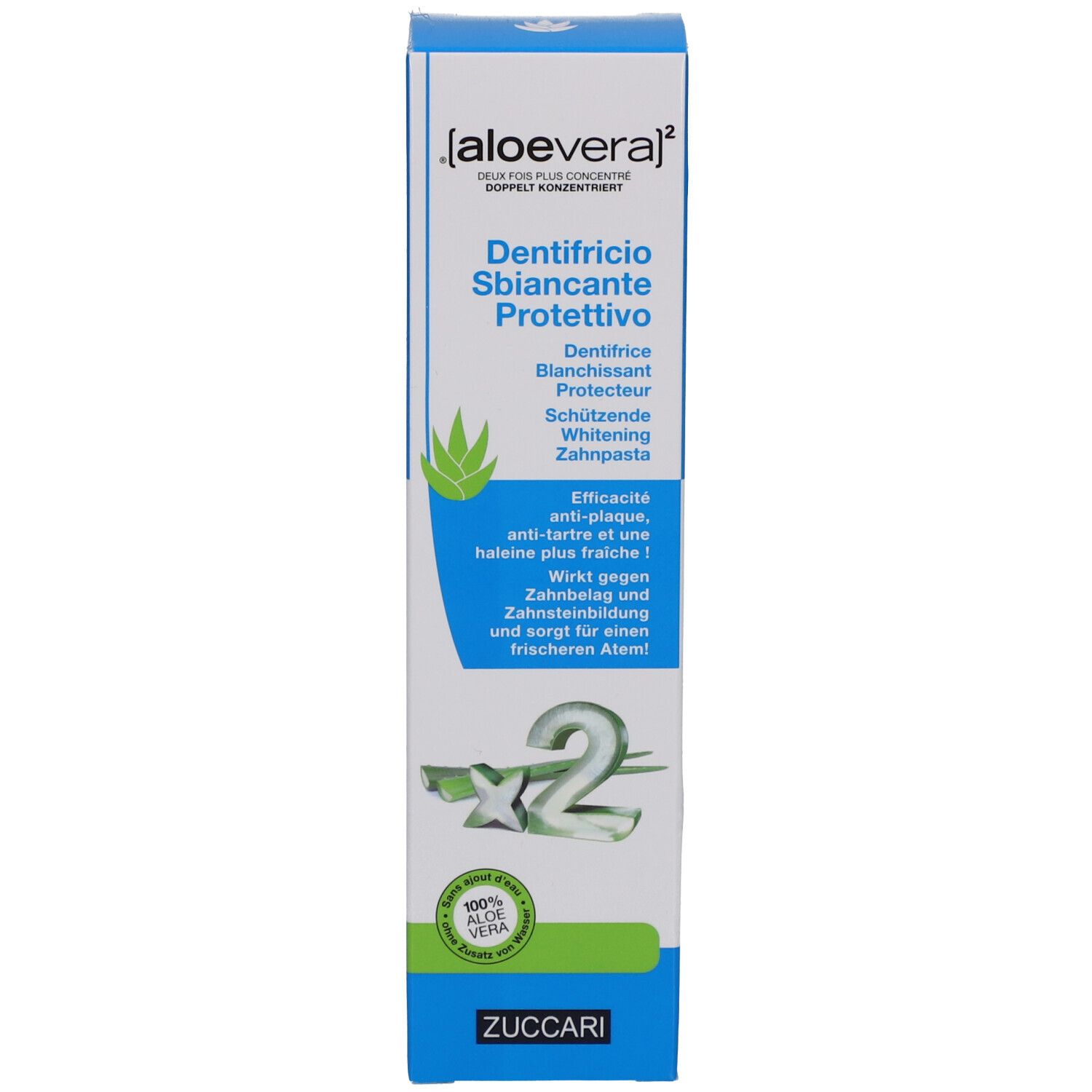 Boîte de dentifrice Zuccari à l'aloe vera, protectrice et blanchissante.
