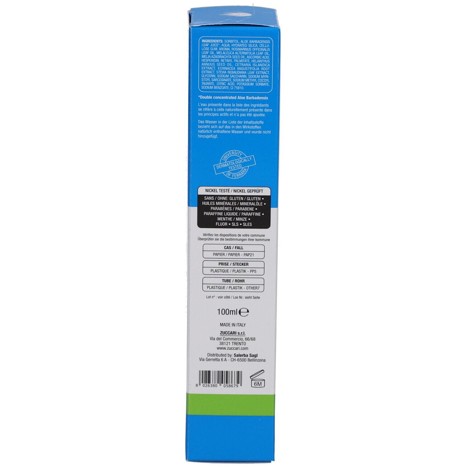 Côté de l'emballage avec ingrédients et informations de recyclage.
