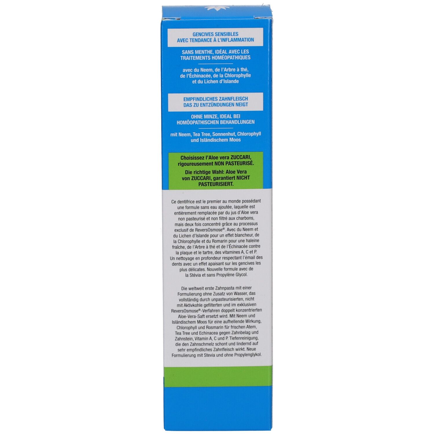 Emballage de dentifrice avec informations sur les ingrédients et les utilisations.