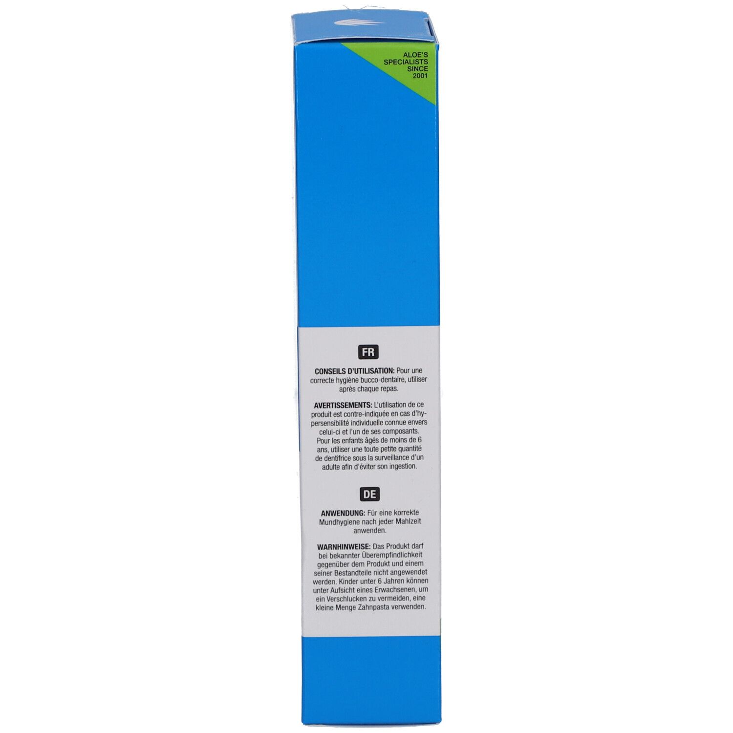 Emballage bleu avec instructions en français et allemand.