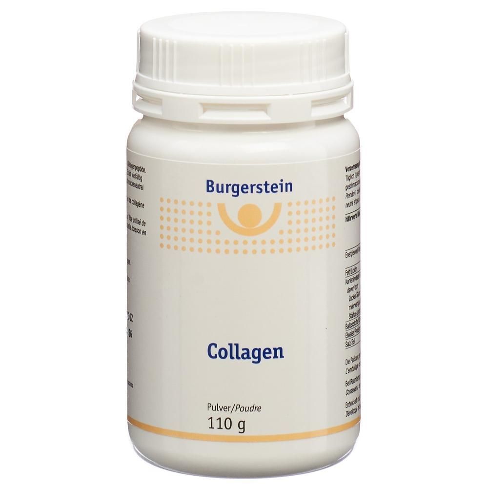 Boîte blanche à bouchon à vis. Inscription Burgerstein Collagen, poudre, 110 g.