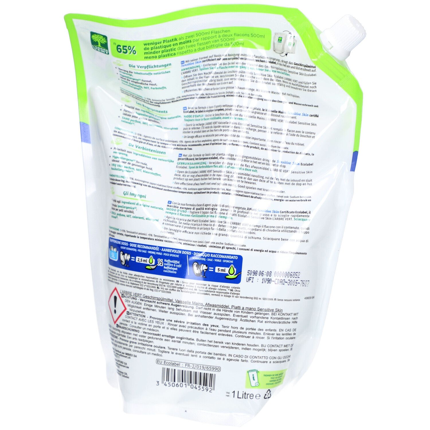 Dos de la recharge L'ARBRE VERT. Texte multilingue. Contenance 1 litre. Informations de recyclage.