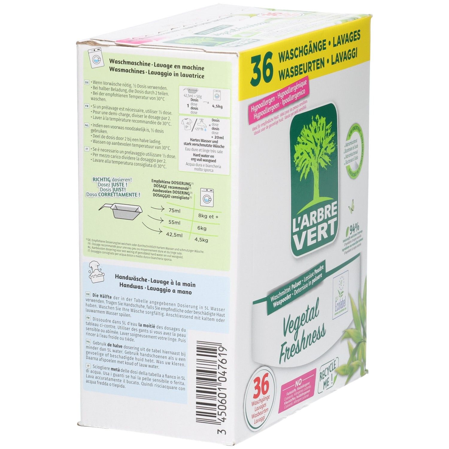 Boîte L'ARBRE VERT. Vue latérale avec informations de dosage et logo. 36 lavages.