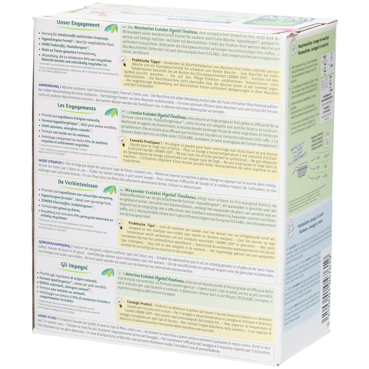 Dos de l'emballage de lessive L'ARBRE VERT. Texte multilingue. Informations sur le produit.