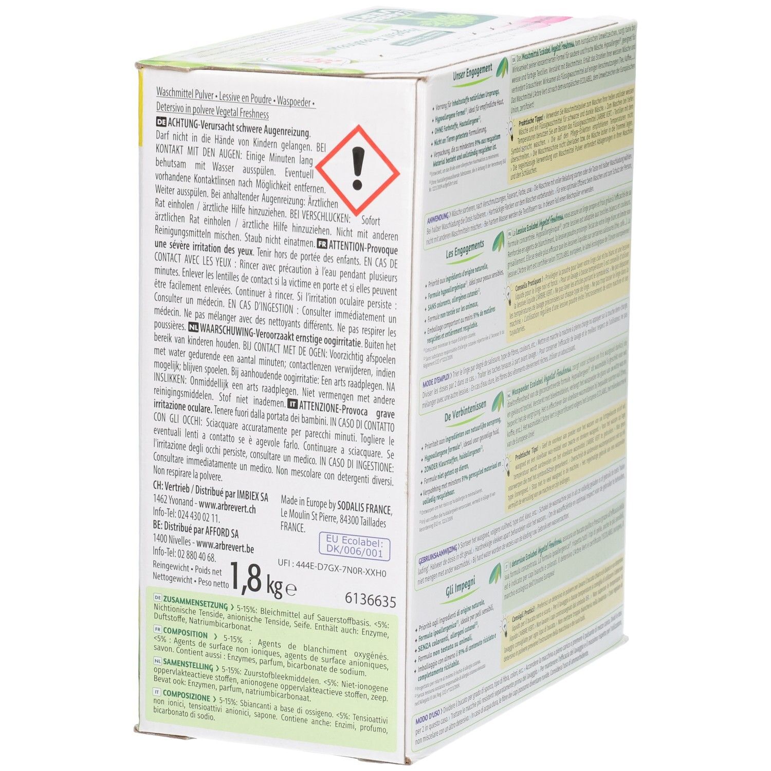 Côté de l'emballage de lessive L'ARBRE VERT. Avertissement et indication de poids : 1,8 kg.
