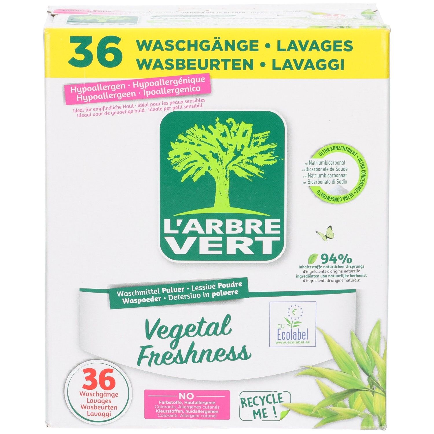 Boîte de lessive L'ARBRE VERT. Emballage vert et jaune avec logo et texte. 36 lavages.