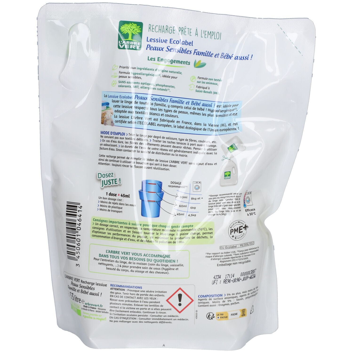Dos de la recharge. Texte et graphiques. Logo L'ARBRE VERT. Informations d'utilisation et ingrédients.