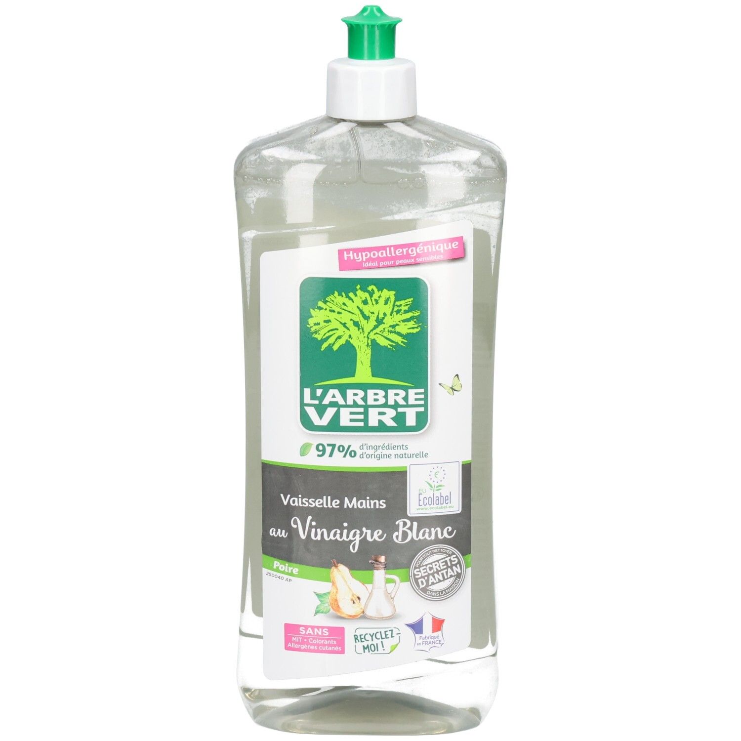 Flacon transparent L'ARBRE VERT. Bouchon vert. Étiquette avec logo, texte et illustration de poire. Contient du vinaigre blanc.