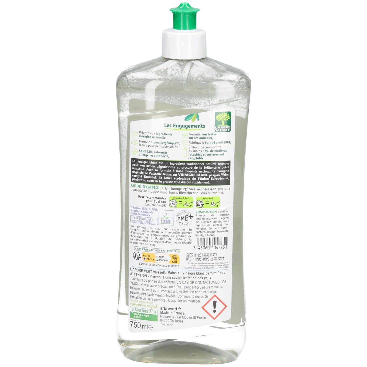 Dos du flacon L'ARBRE VERT. Texte sur les ingrédients et l'utilisation. Logo vert. Contient 750 ml.