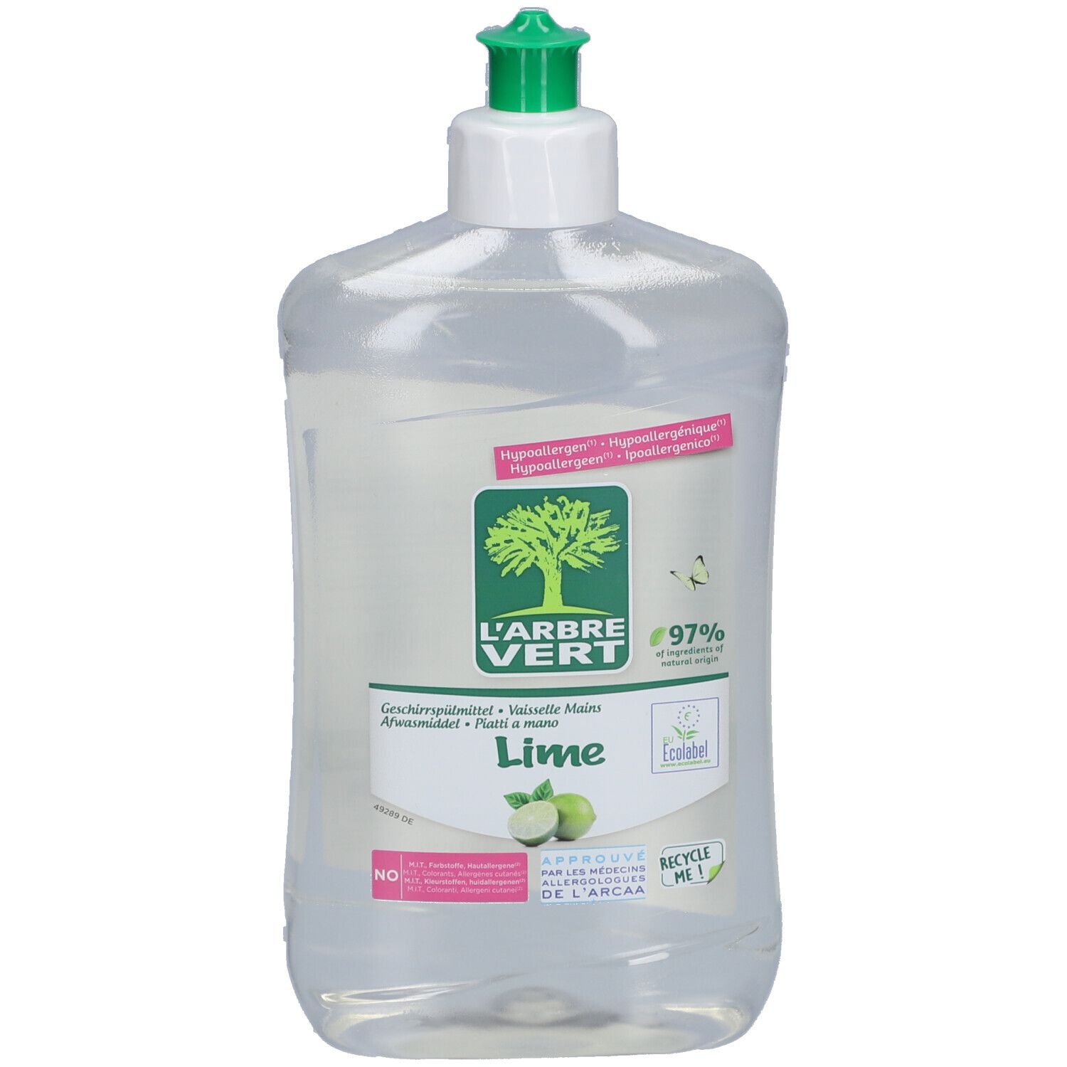 Flacon transparent avec bouchon vert. Étiquette avec logo, nom du produit et illustration de citron vert. Éco-label.