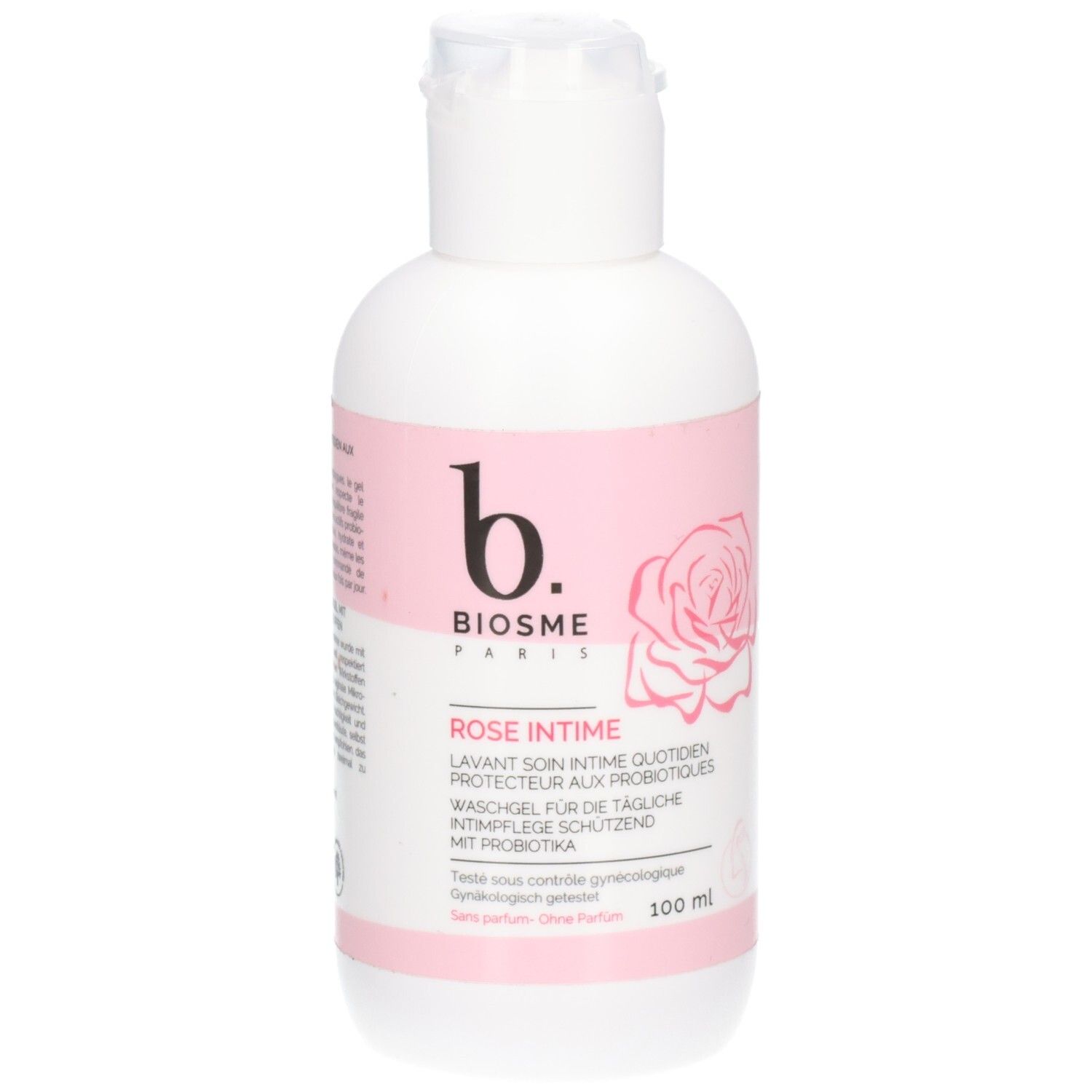 Flacon blanc et rose avec bouchon rabattable. Inscription: BIOSME PARIS, ROSE INTIME, illustration de rose. 100 ml.