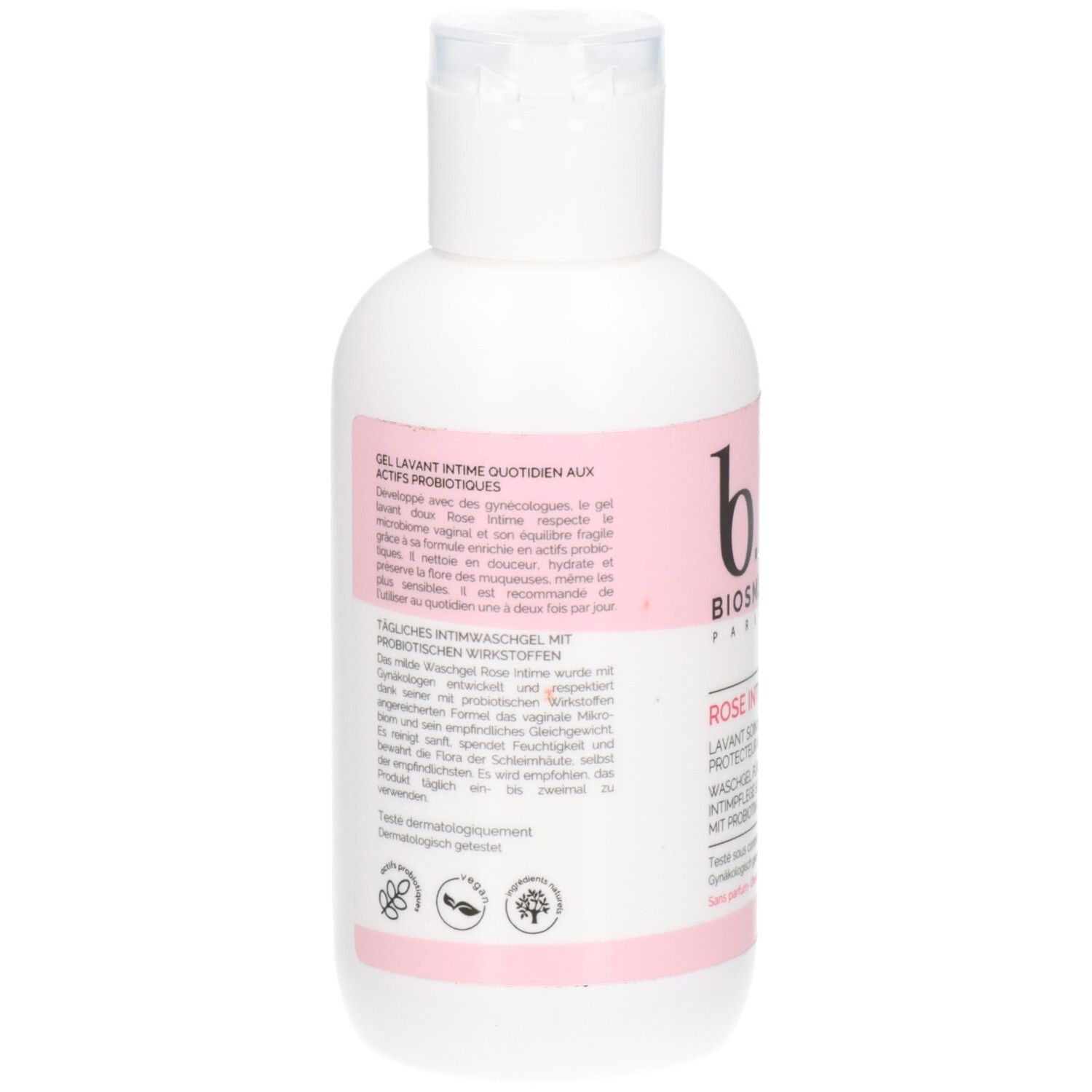 Dos du flacon. Texte en allemand et français. Logos: rose, testé dermatologiquement, vegan.