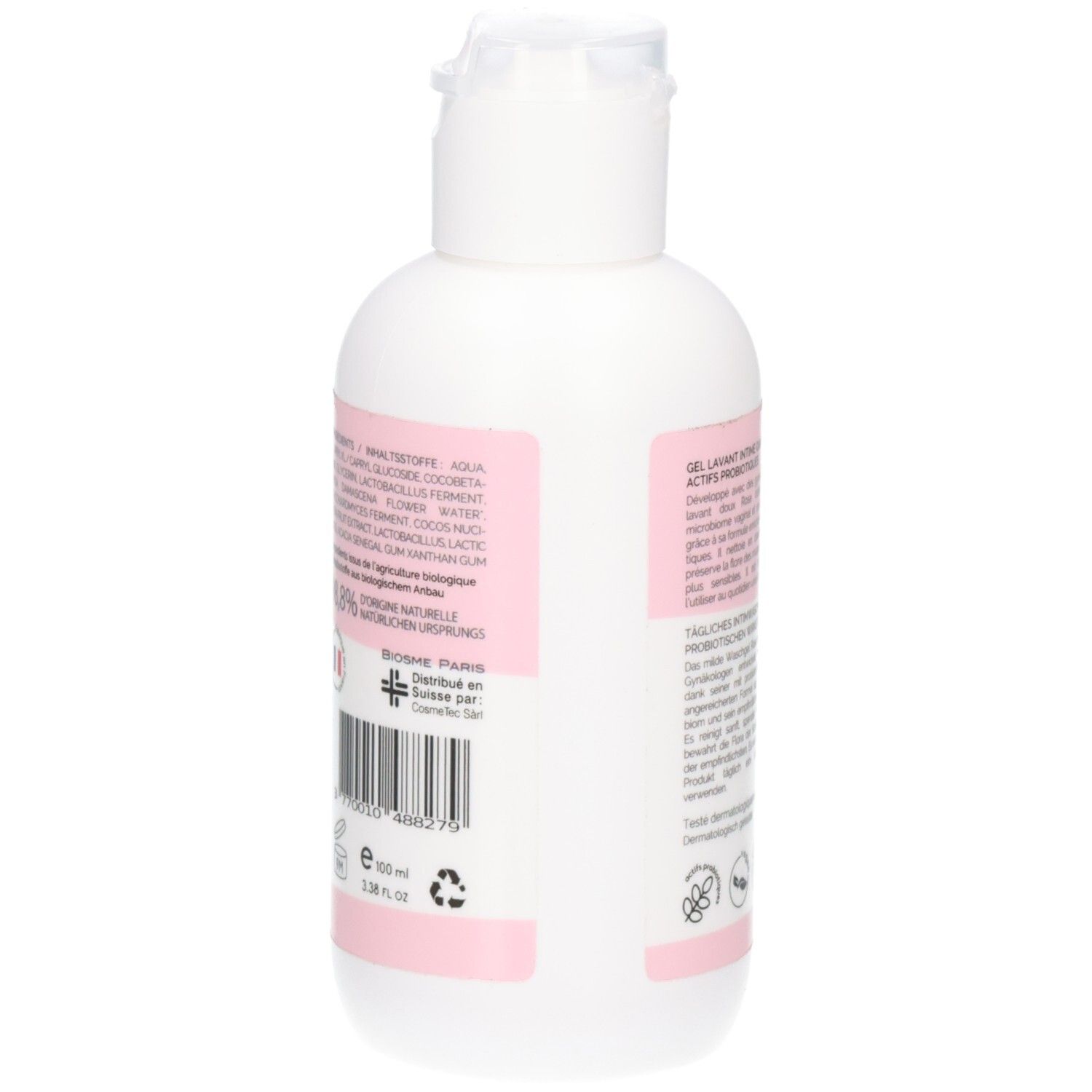 Dos du flacon. Ingrédients, code-barres, logo: Swiss Made, 50 ml, symbole de recyclage.