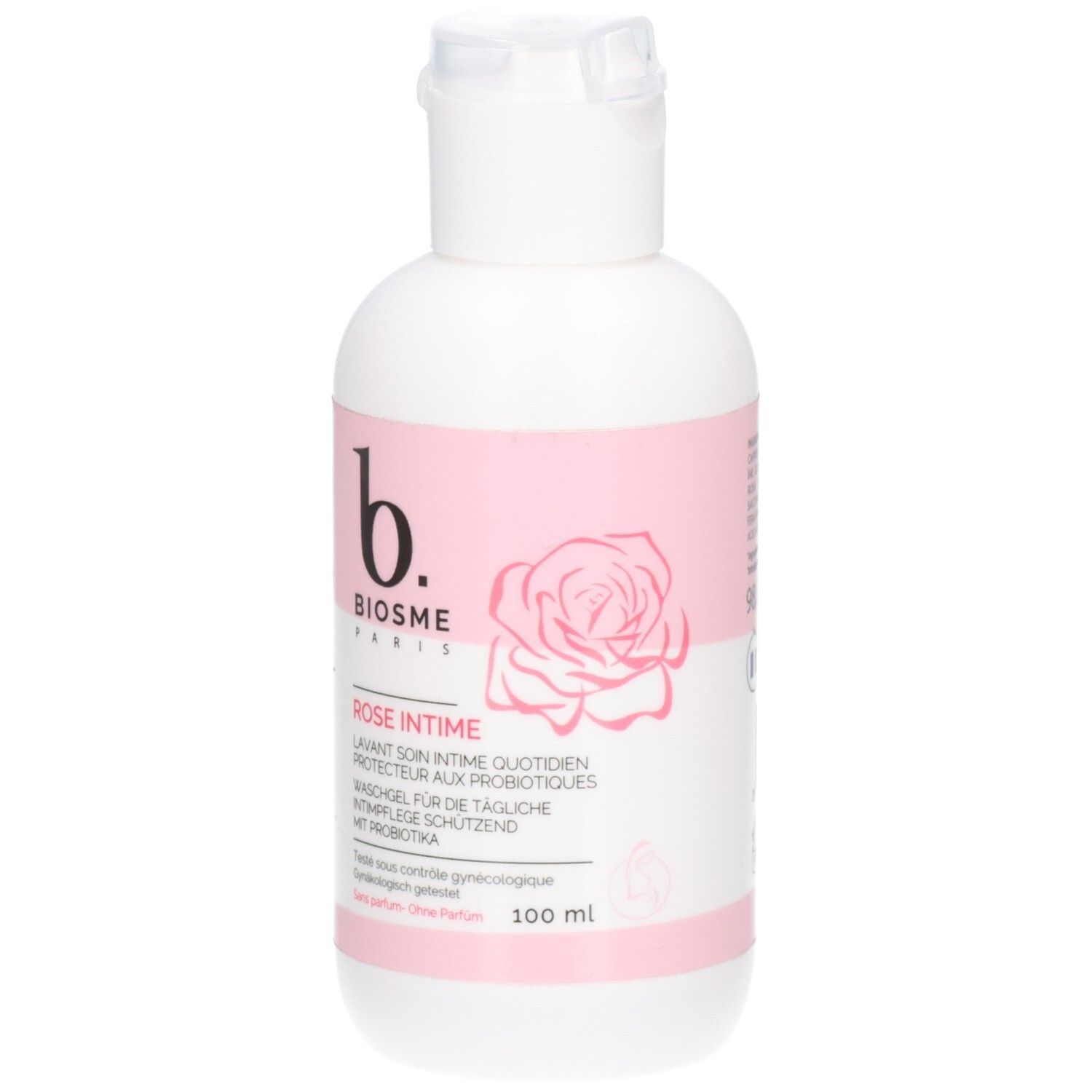 Flacon blanc et rose avec bouchon rabattable. Inscription: BIOSME PARIS, ROSE INTIME, illustration de rose. 100 ml.