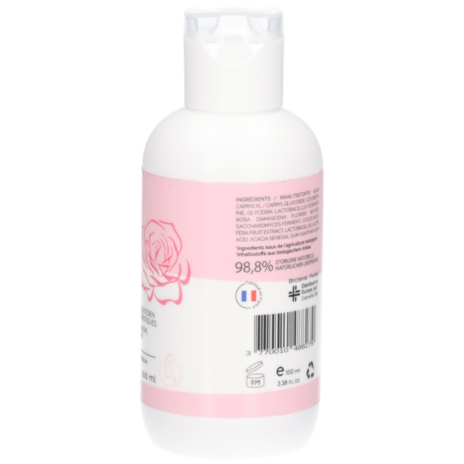Dos du flacon. Ingrédients, code-barres, logo: Swiss Made, 100 ml, symbole de recyclage.