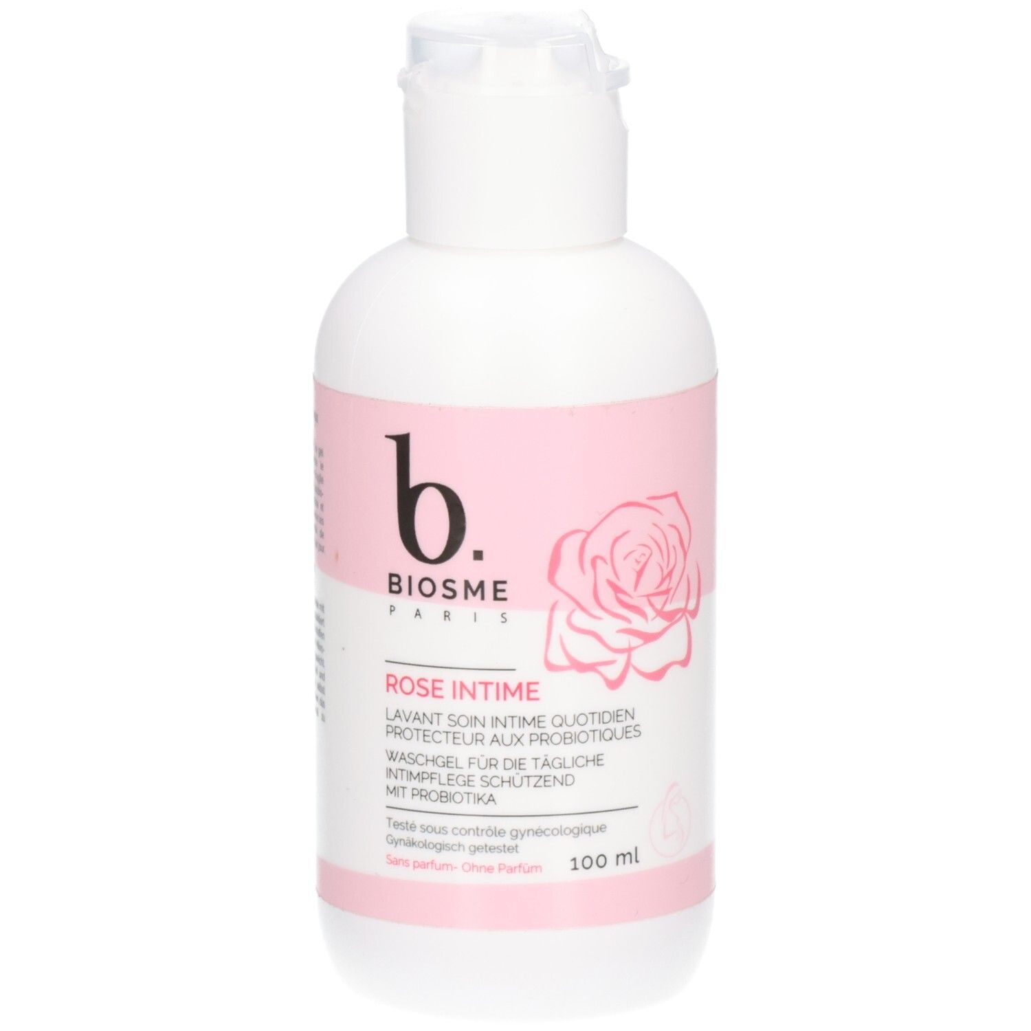 Flacon blanc et rose avec bouchon rabattable. Inscription: BIOSME PARIS, ROSE INTIME, illustration de rose. 100 ml.