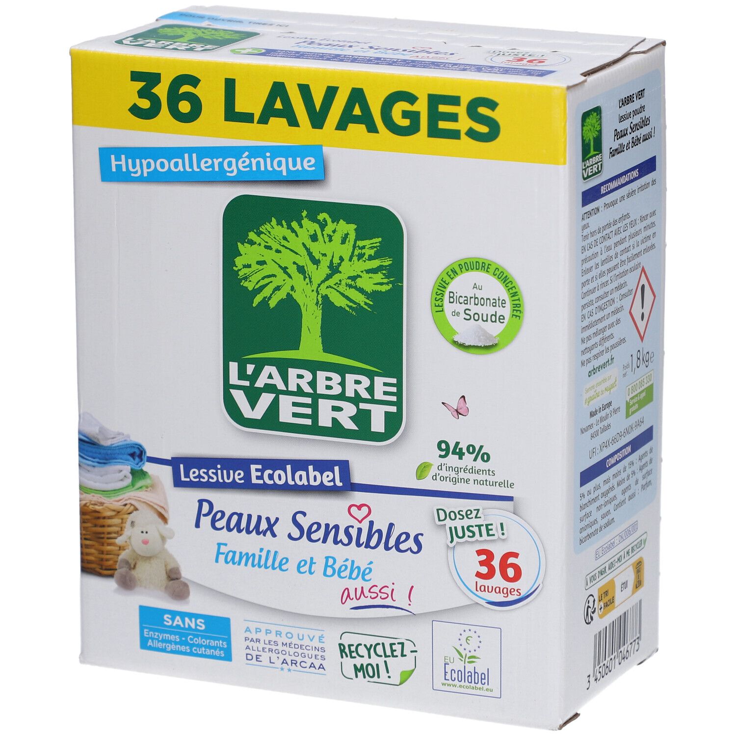 Boîte de lessive L'ARBRE VERT Peaux Sensibles Famille et Bébé. 36 lavages. Ecolabel. Vue de face.