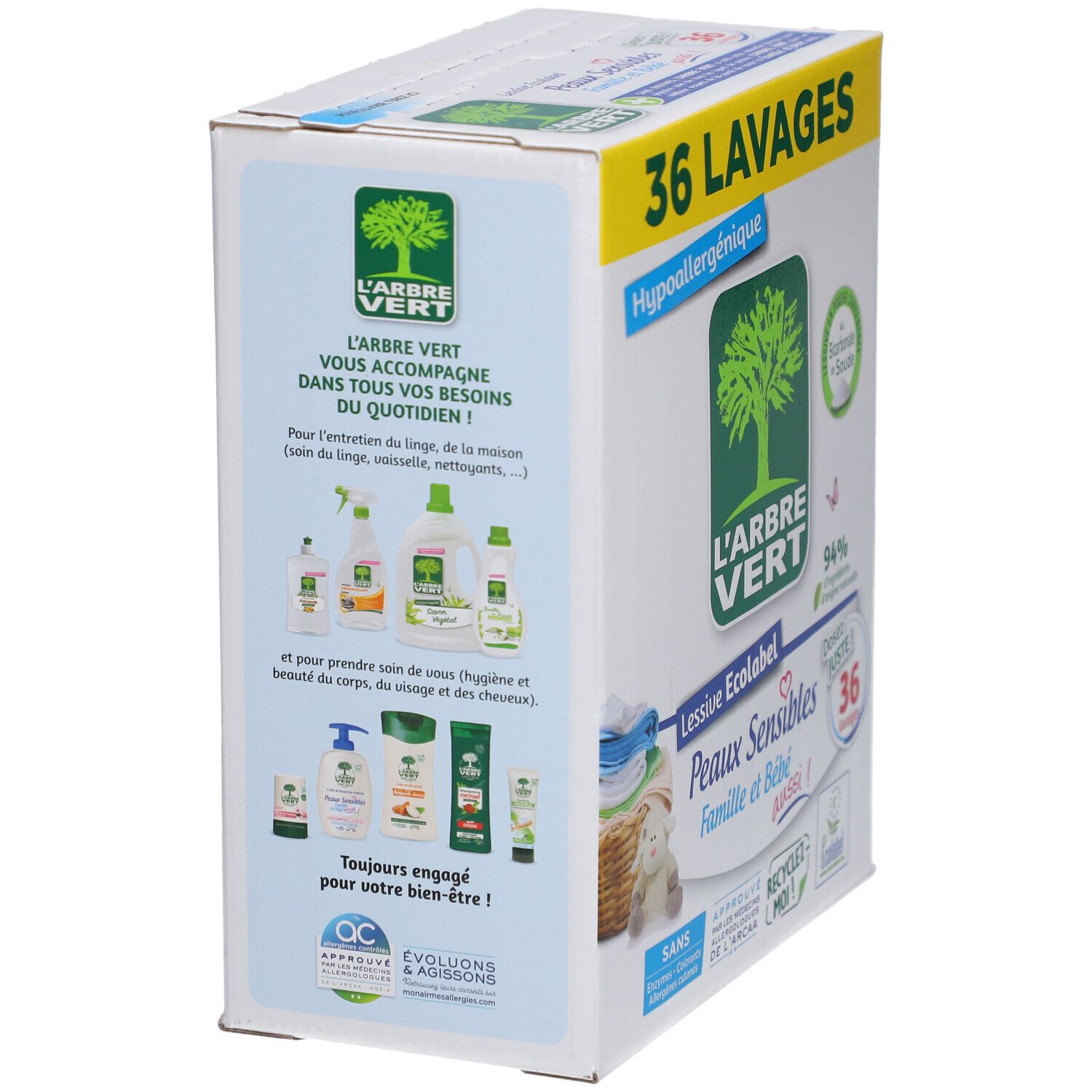 Boîte de lessive L'ARBRE VERT. Dos avec illustrations de produits. 36 lavages. Ecolabel. Vue latérale.
