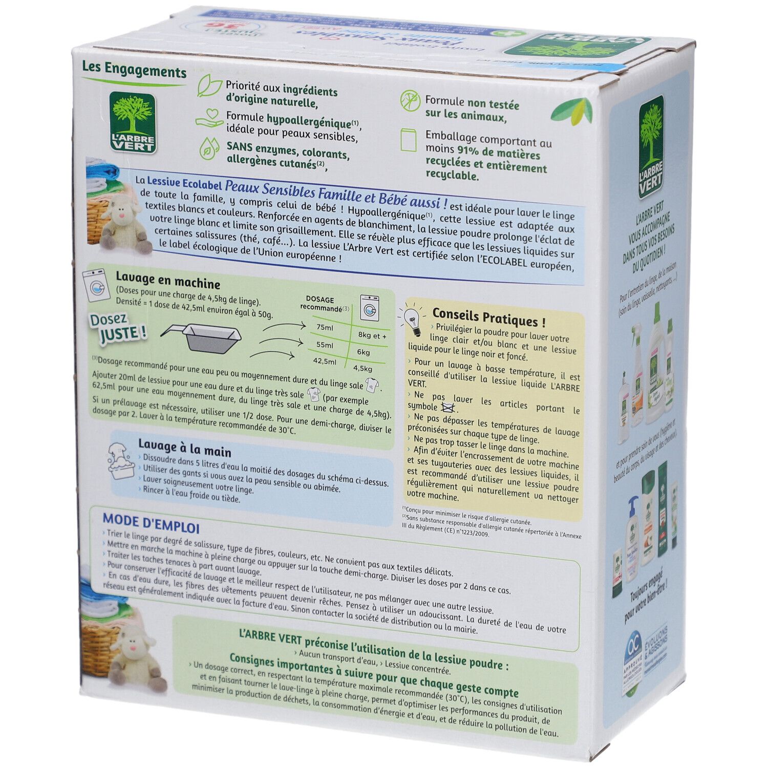 Boîte de lessive L'ARBRE VERT. Dos avec informations produit. 36 lavages. Ecolabel. Vue détaillée.