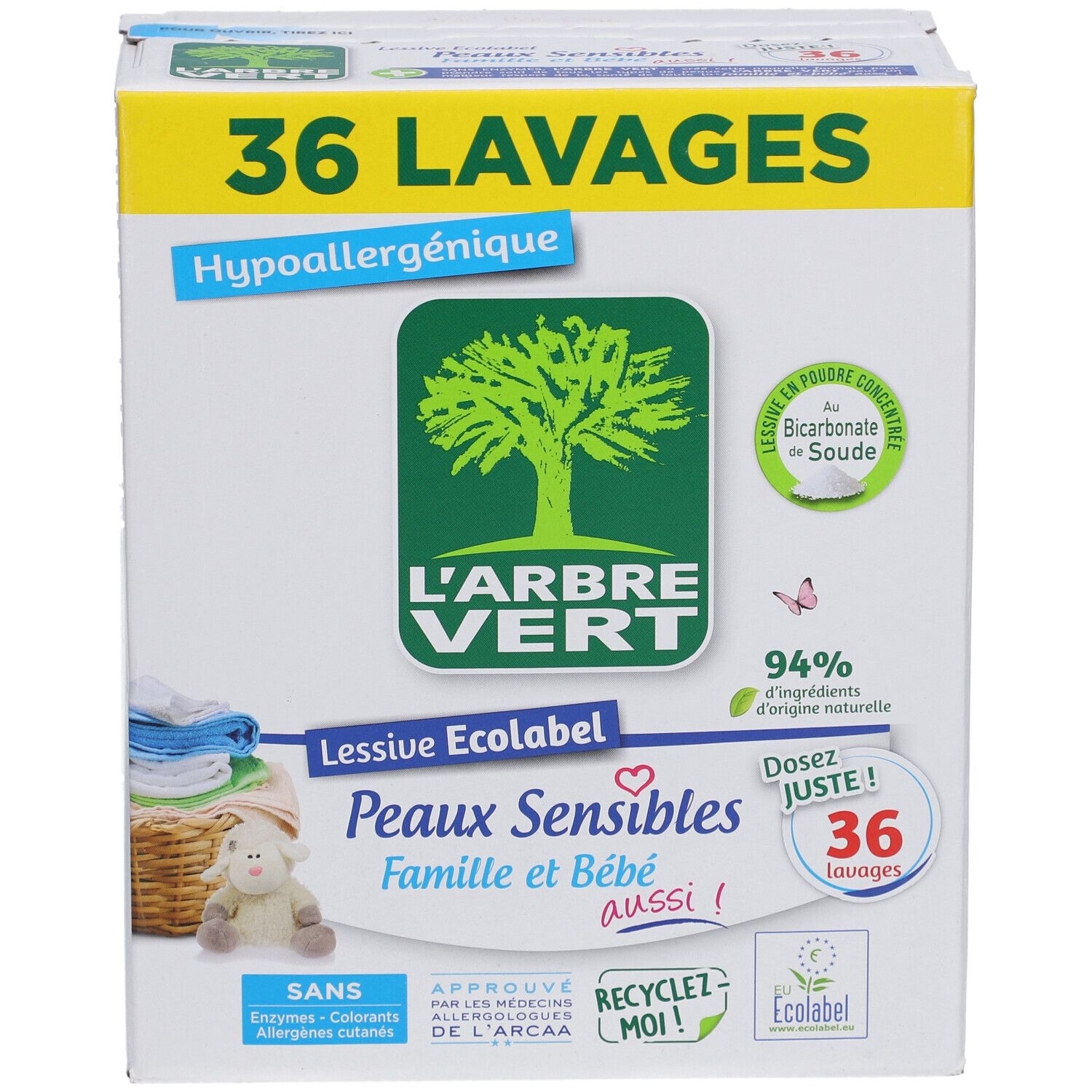 Boîte de lessive L'ARBRE VERT Peaux Sensibles Famille et Bébé. 36 lavages. Ecolabel. Vue de face.