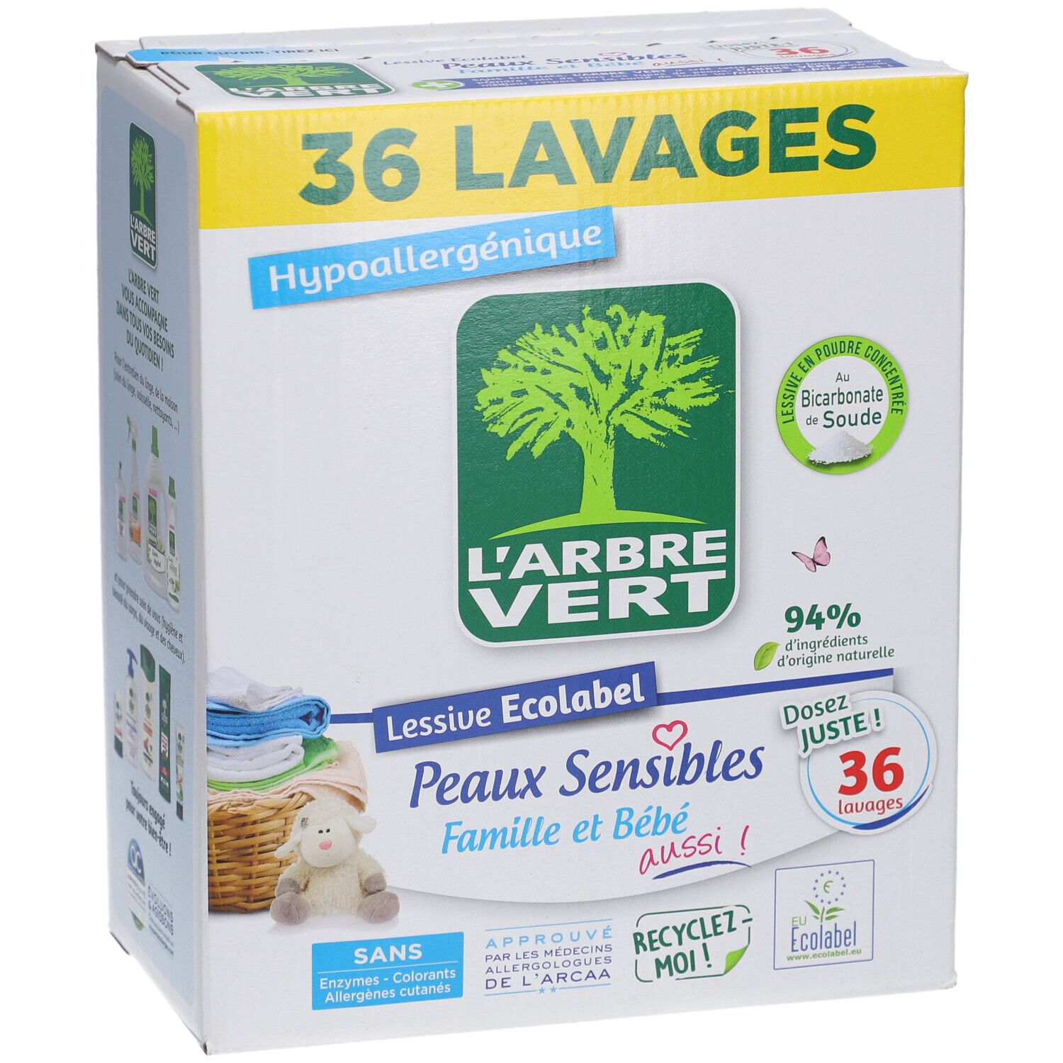 Boîte de lessive L'ARBRE VERT Peaux Sensibles Famille et Bébé. 36 lavages. Ecolabel. Vue de face.