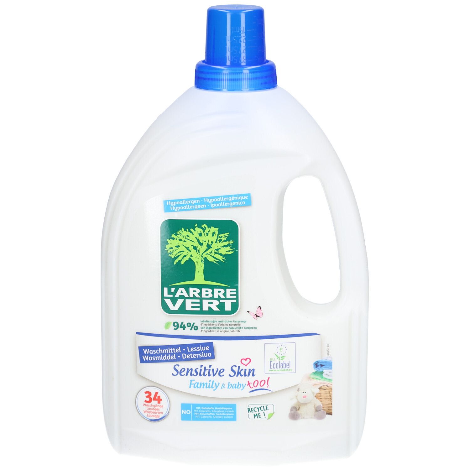 Bidon blanc avec bouchon bleu et poignée. Étiquettes avec logo, texte et arbre vert. Pour peaux sensibles.
