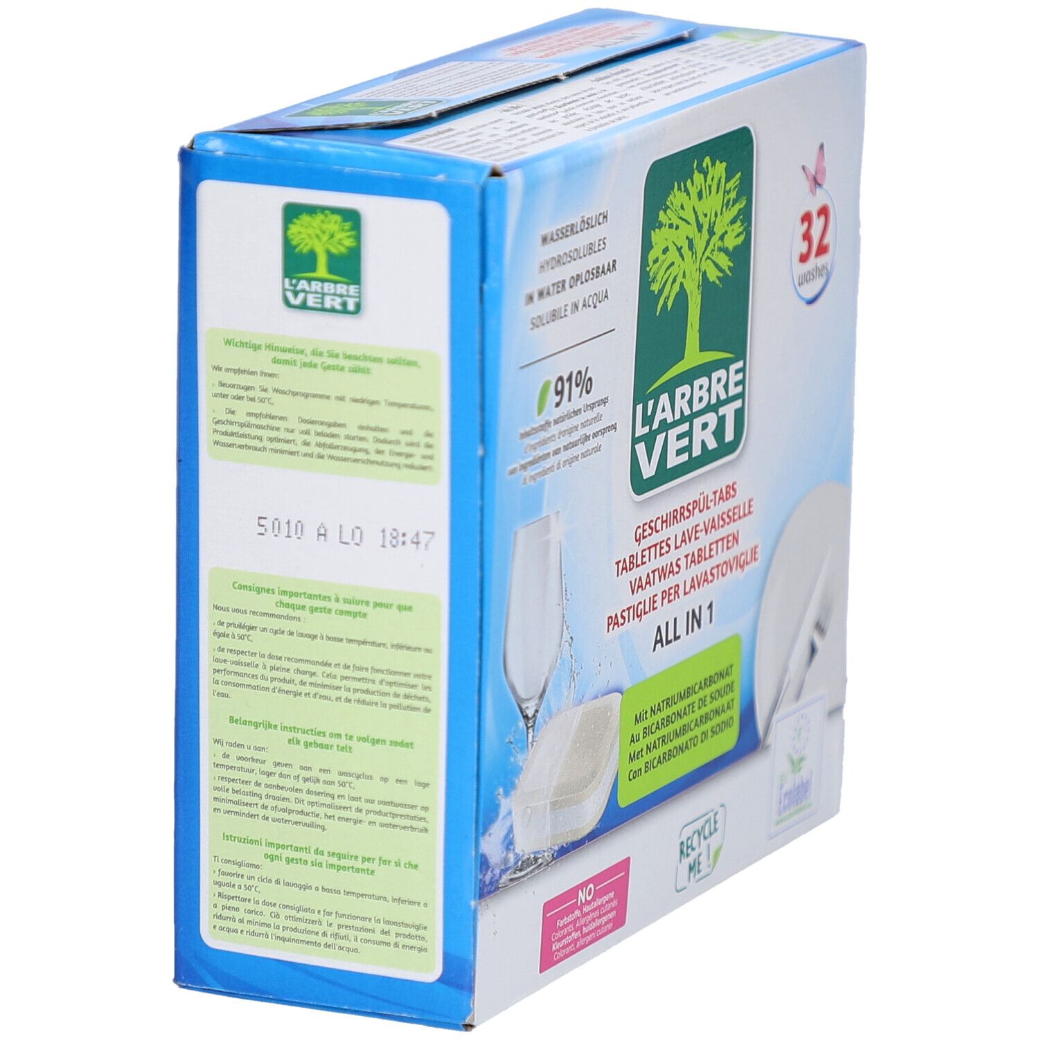 Boîte de tablettes lave-vaisselle L'ARBRE VERT. 32 tablettes. Inscriptions : 90%, soluble dans l'eau, Ecolabel UE. Vue latérale.